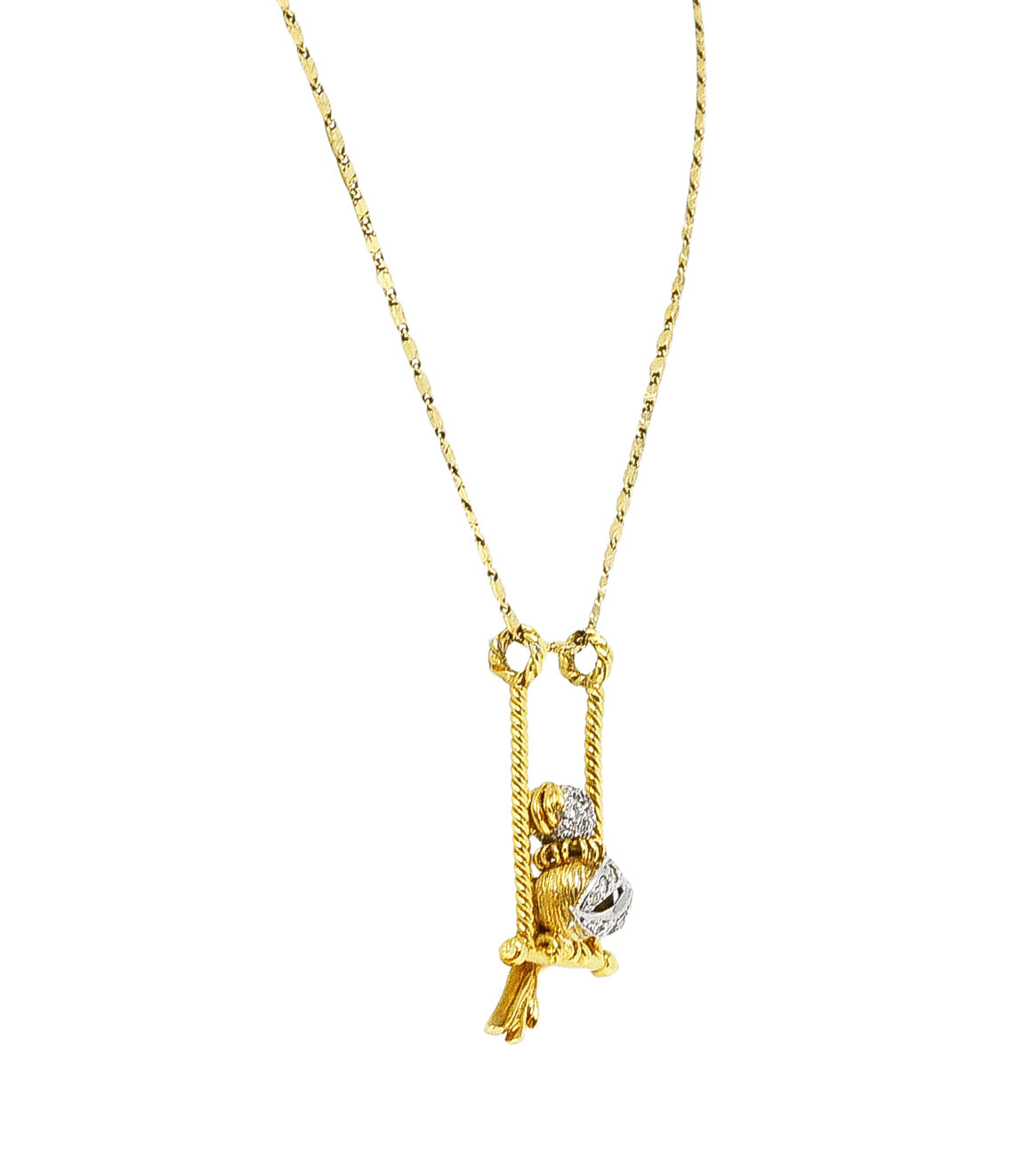 1960's Vintage Ruby Diamond 18 Karat Two-Tone Gold Caged Bird Pendant Necklace Wilson's Antique & Estate Jewelry