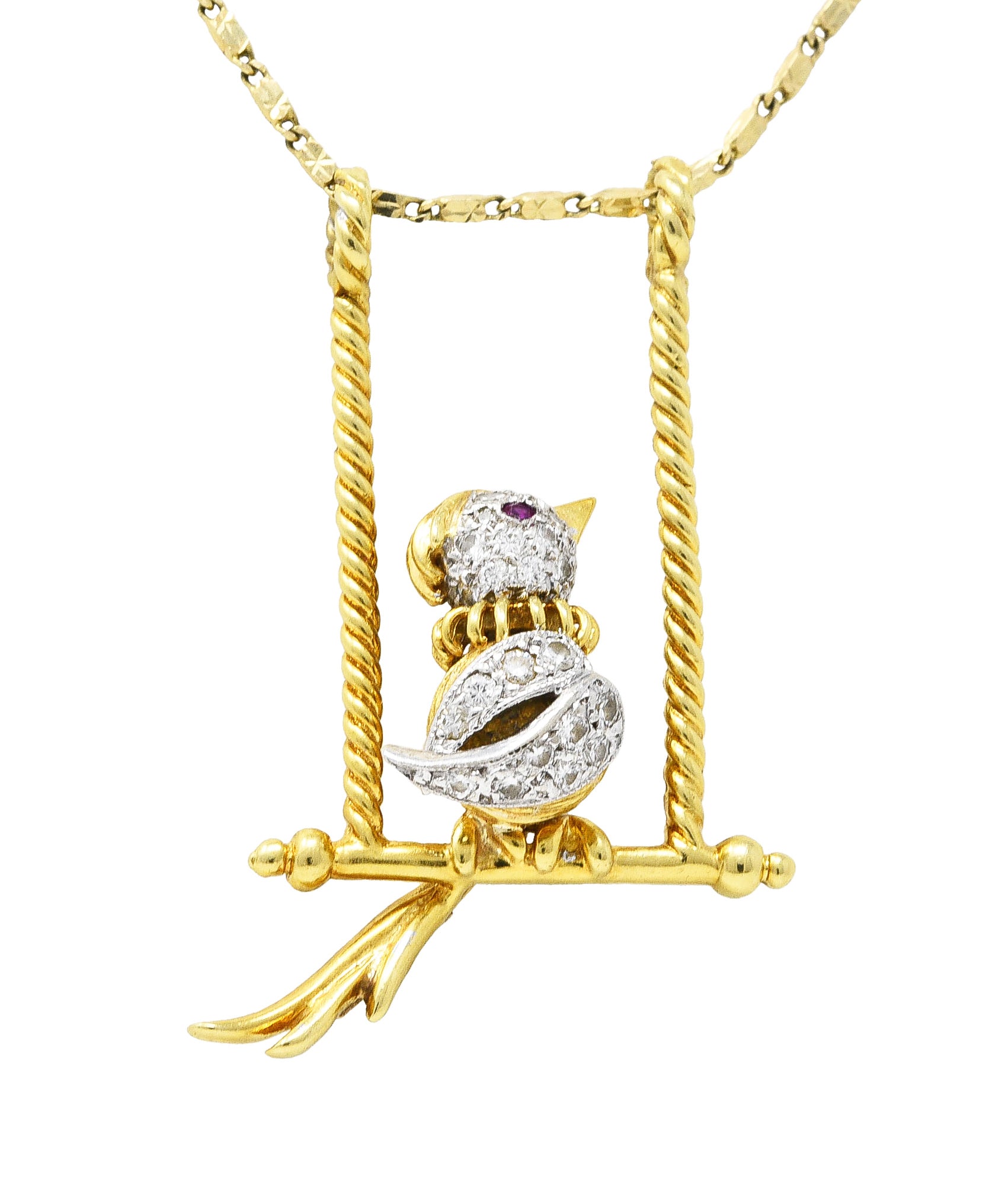 1960's Vintage Ruby Diamond 18 Karat Two-Tone Gold Caged Bird Pendant Necklace Wilson's Antique & Estate Jewelry