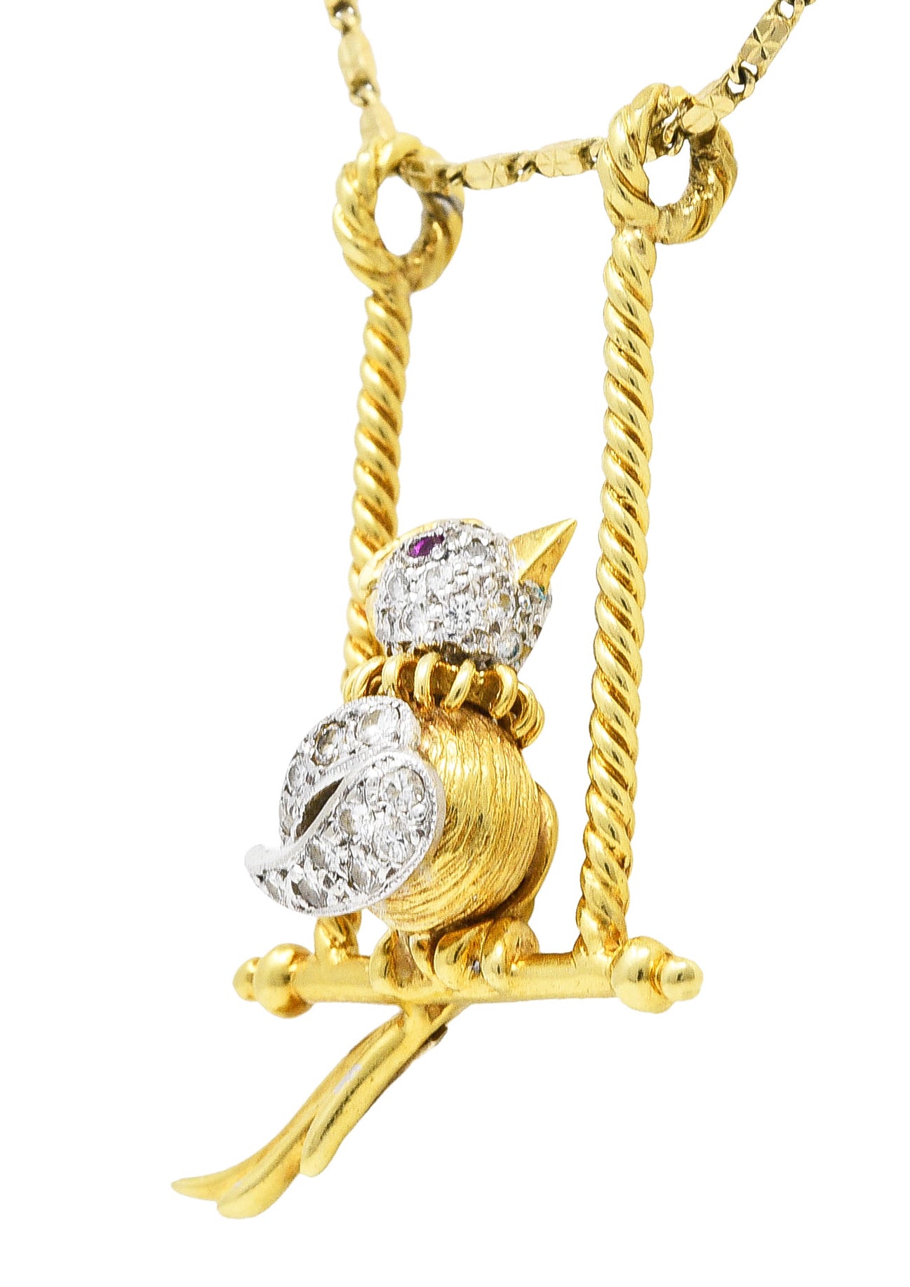1960's Vintage Ruby Diamond 18 Karat Two-Tone Gold Caged Bird Pendant Necklace Wilson's Antique & Estate Jewelry