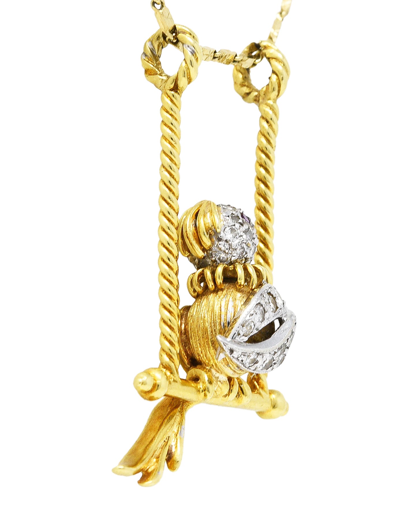 1960's Vintage Ruby Diamond 18 Karat Two-Tone Gold Caged Bird Pendant Necklace Wilson's Antique & Estate Jewelry