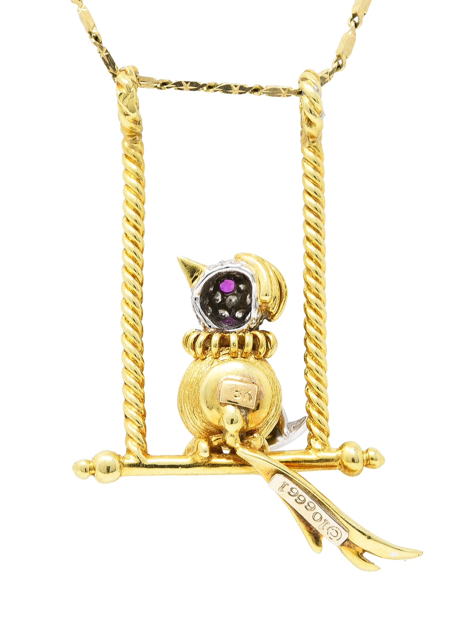 1960's Vintage Ruby Diamond 18 Karat Two-Tone Gold Caged Bird Pendant Necklace Wilson's Antique & Estate Jewelry