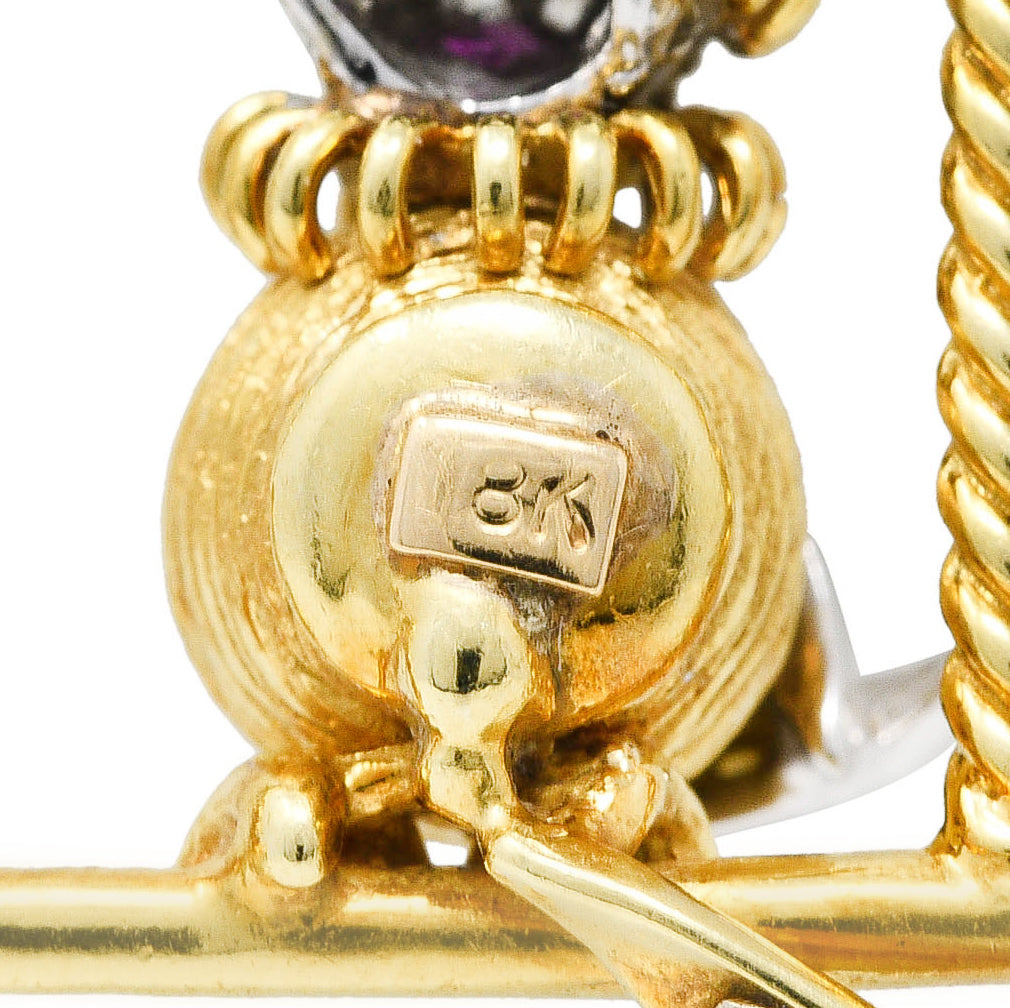 1960's Vintage Ruby Diamond 18 Karat Two-Tone Gold Caged Bird Pendant Necklace Wilson's Antique & Estate Jewelry