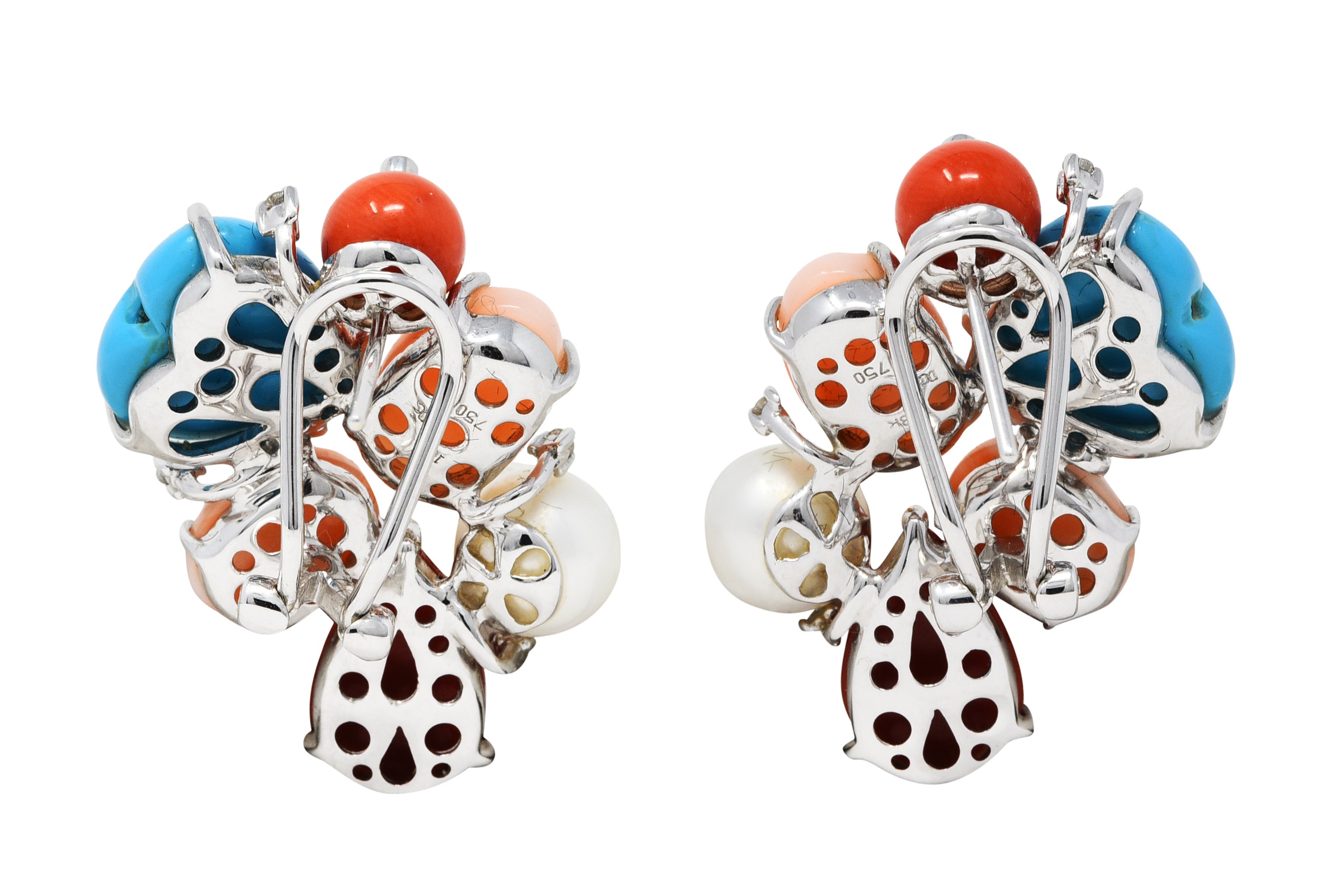 Coral Pearl Diamond Turquoise 18 Karat White Gold Cluster EarringsEarrings - Wilson's Estate Jewelry