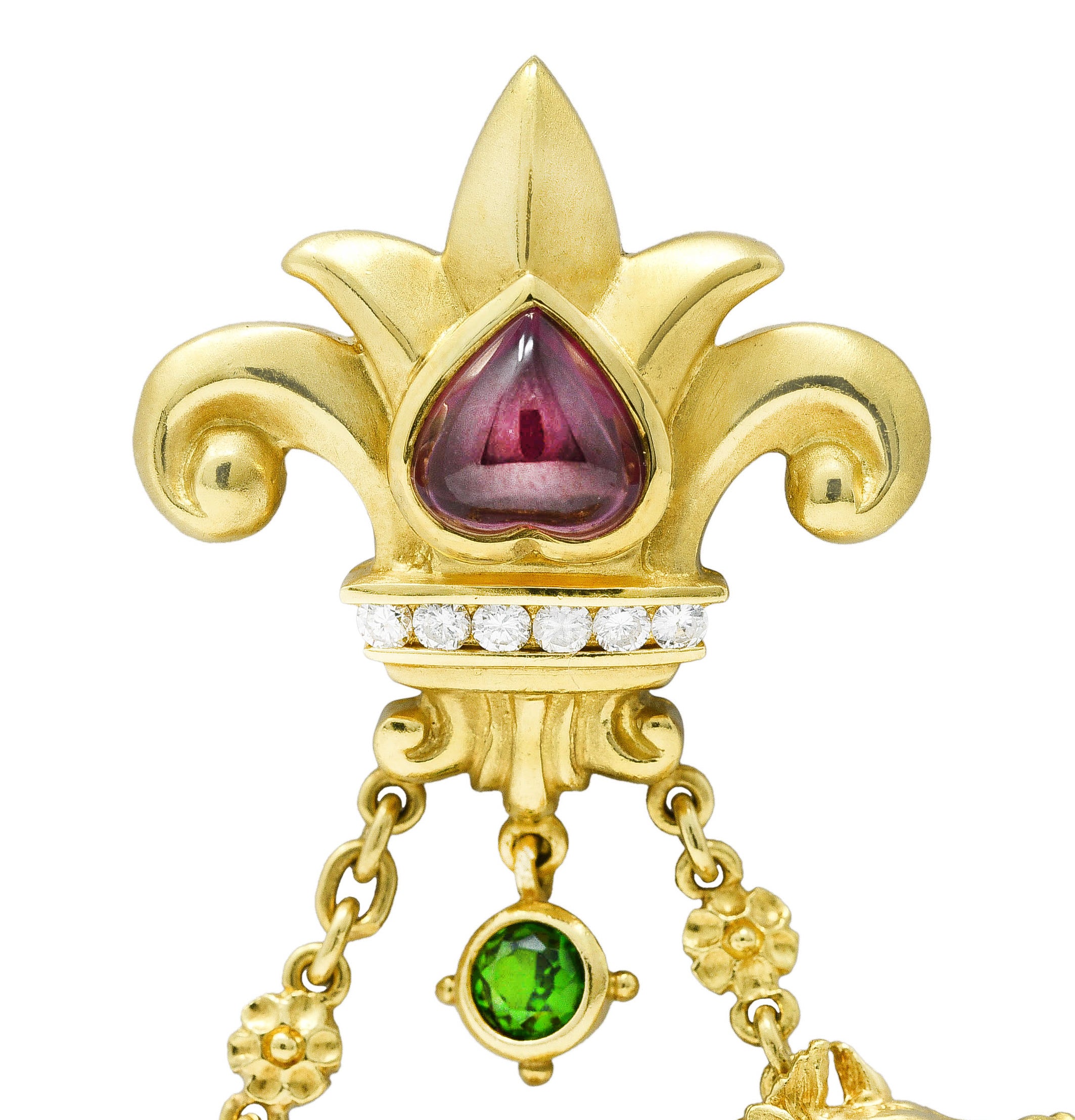 SeidenGang 1980's Diamond Pearl Tourmaline Peridot Aquamarine 18 Karat Yellow Gold Cherub Hippocampus Swagged Vintage Drop Brooch Wilson's Estate Jewelry