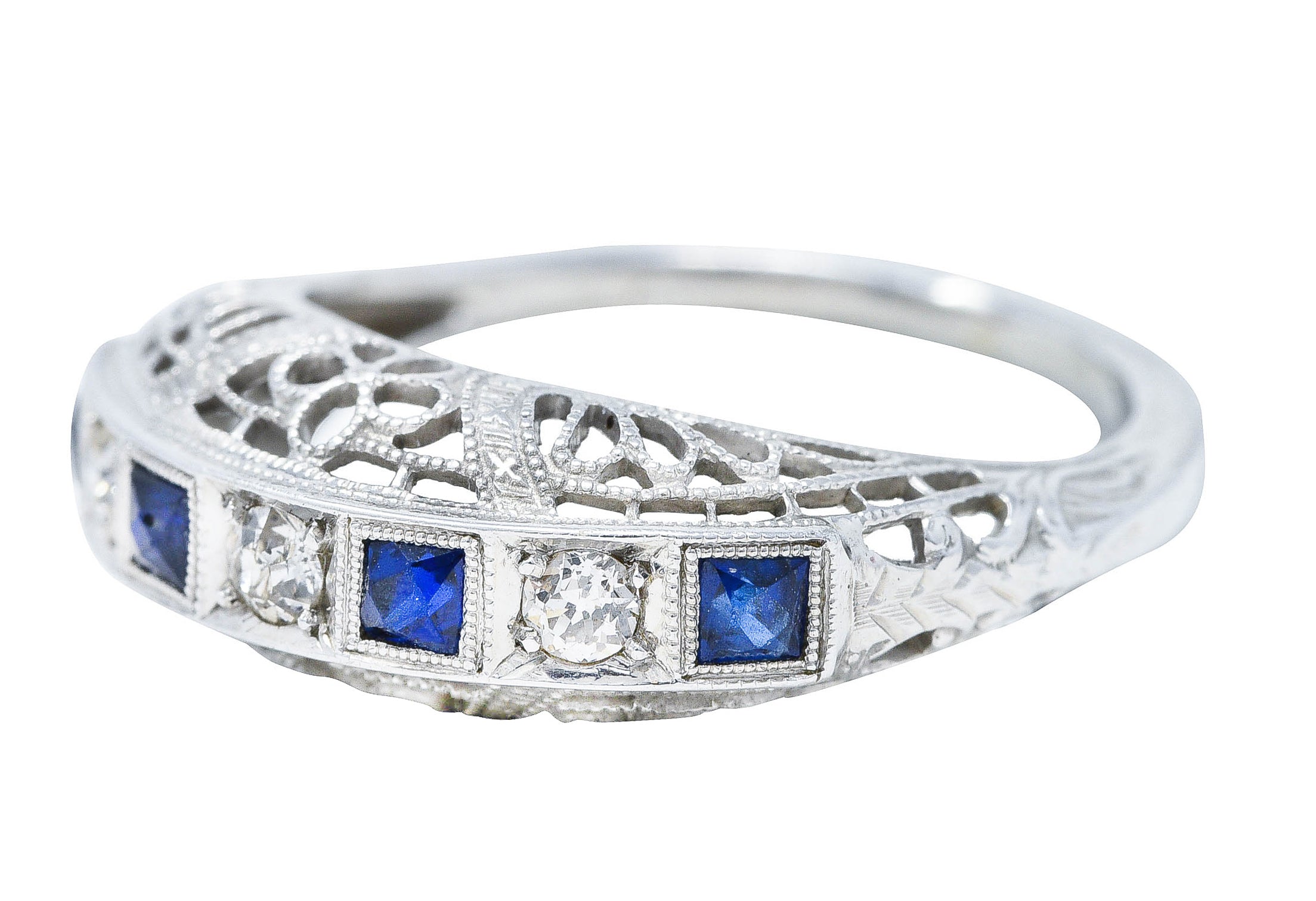 Art Deco 0.50 CTW Diamond Sapphire Platinum Floral Band Ring Circa 1930 Wilson's Antique & Estate Jewelry