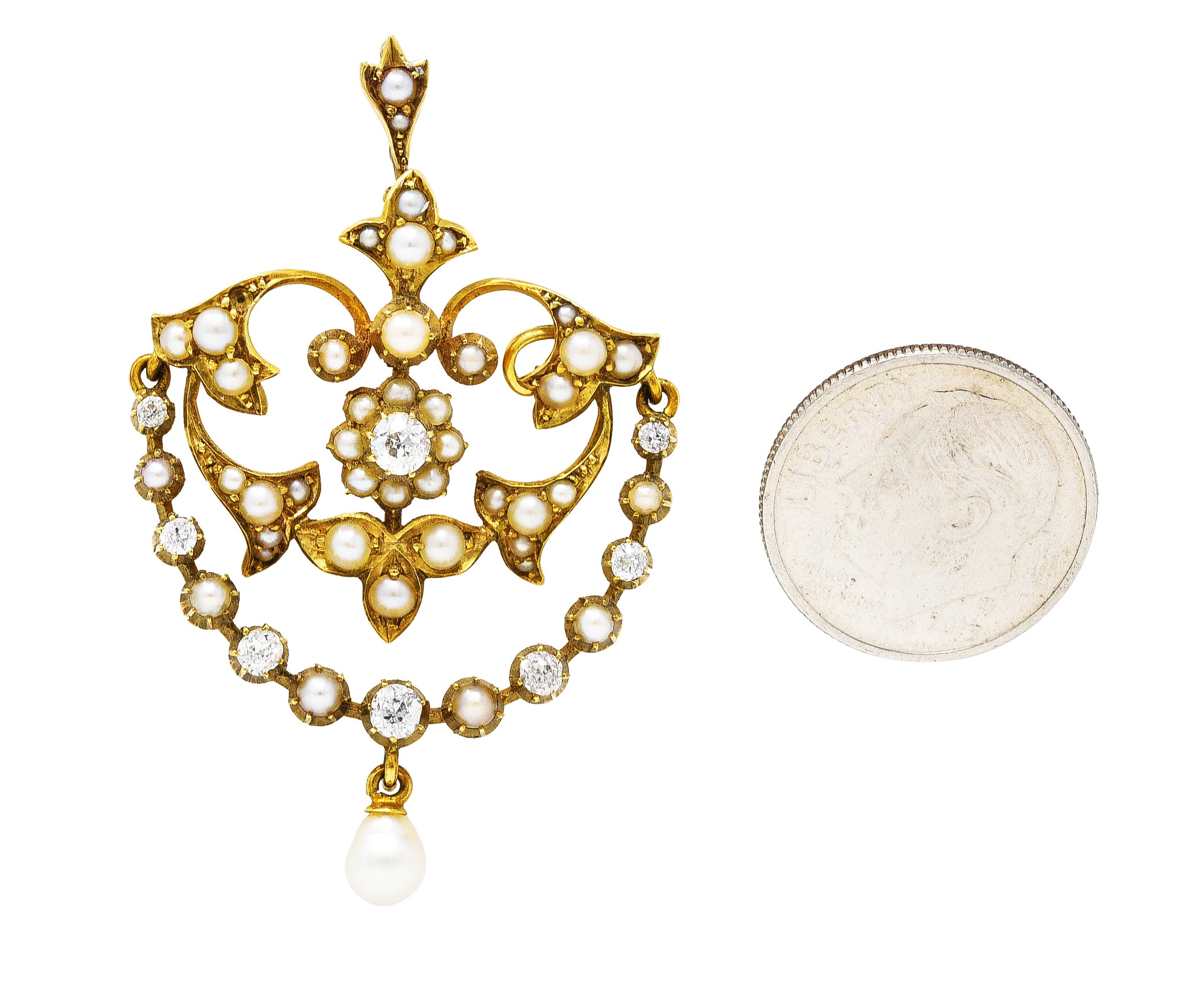 1890's Victorian Pearl Diamond 15 Karat Yellow Gold Floral & Foliate Pendant Wilson's Antique & Estate Jewelry