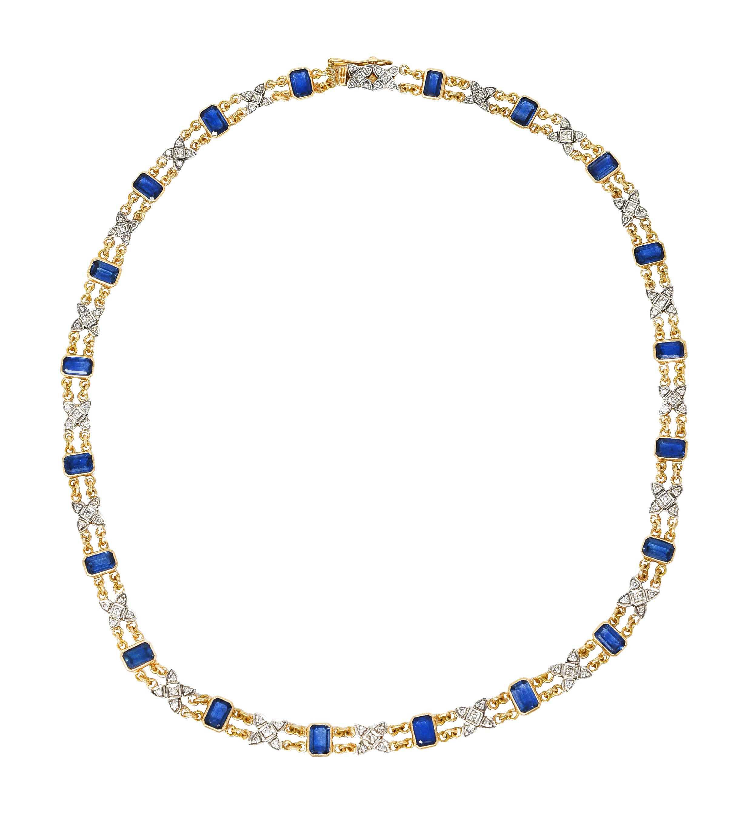 Vintage 15.75 CTW Sapphire Diamond Silver-Topped 18 Karat Yellow Gold Flower Station Necklace Wilson's Estate Jewelry