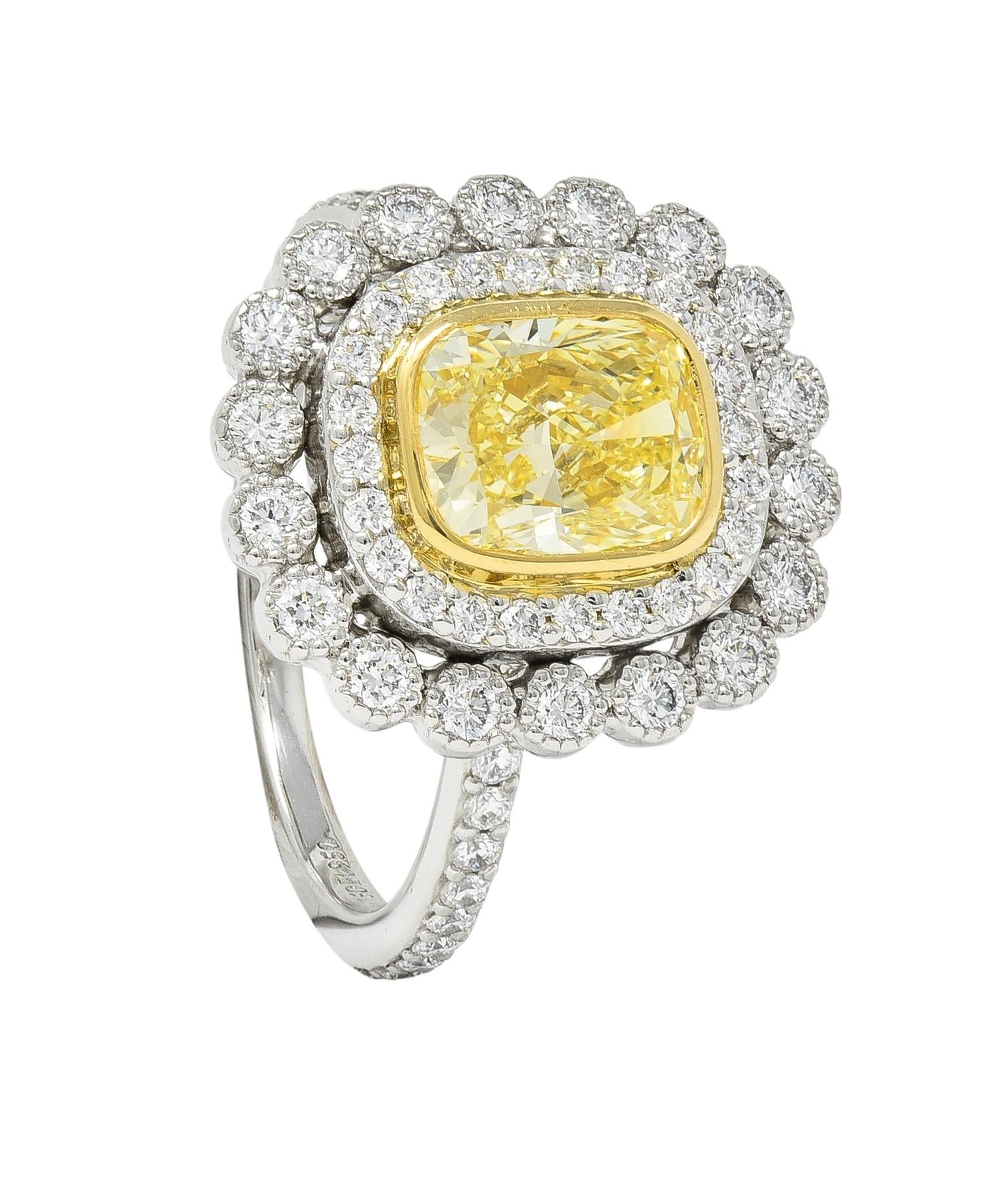 Tiffany & Co. 1.87 CTW Fancy Yellow Diamond Platinum 18 Karat Soleste Halo Ring