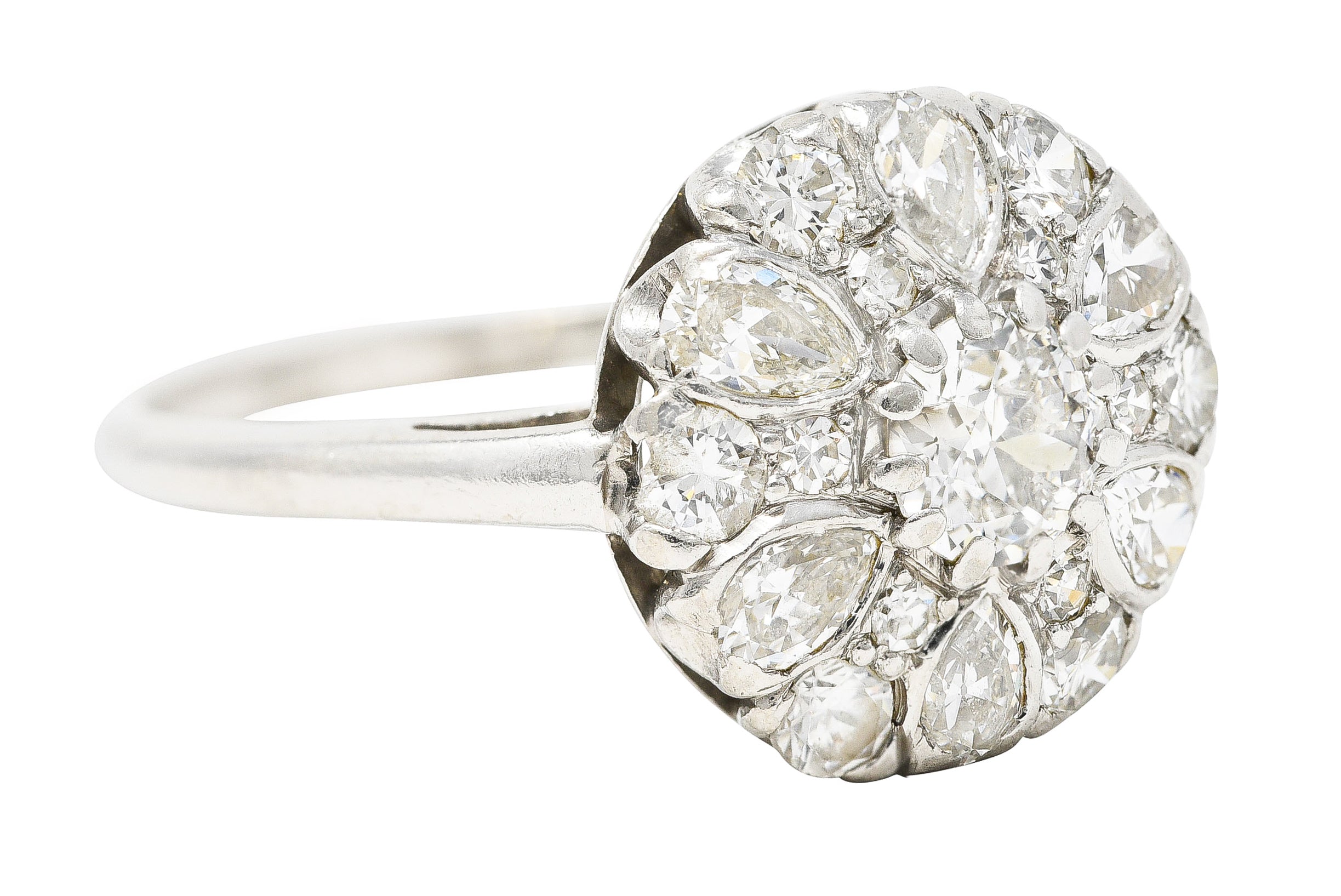 Mid-Century 1.52 CTW Old Mine & Pear Cut Diamond Platinum Cluster Vintage Ring Wilson's Estate Jewelry
