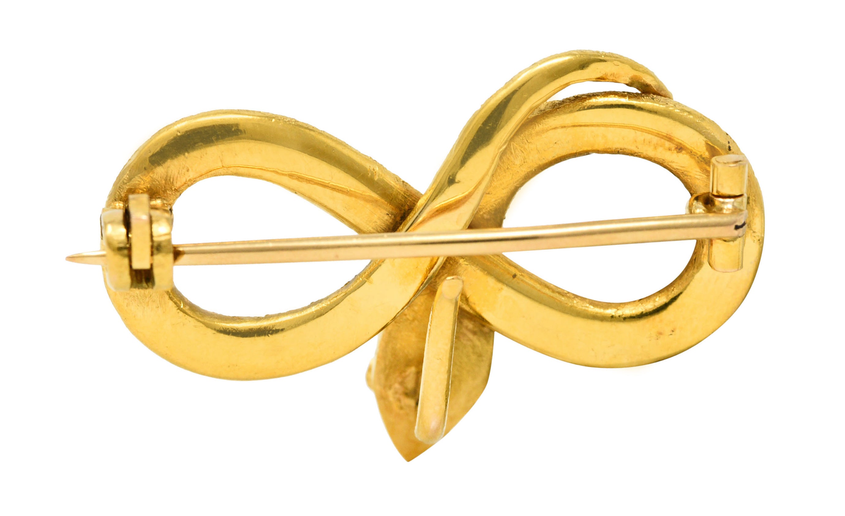 Victorian Diamond 18 Karat Yellow Gold Infinity Love Knot Antique Snake Brooch Wilson's Estate Jewelry