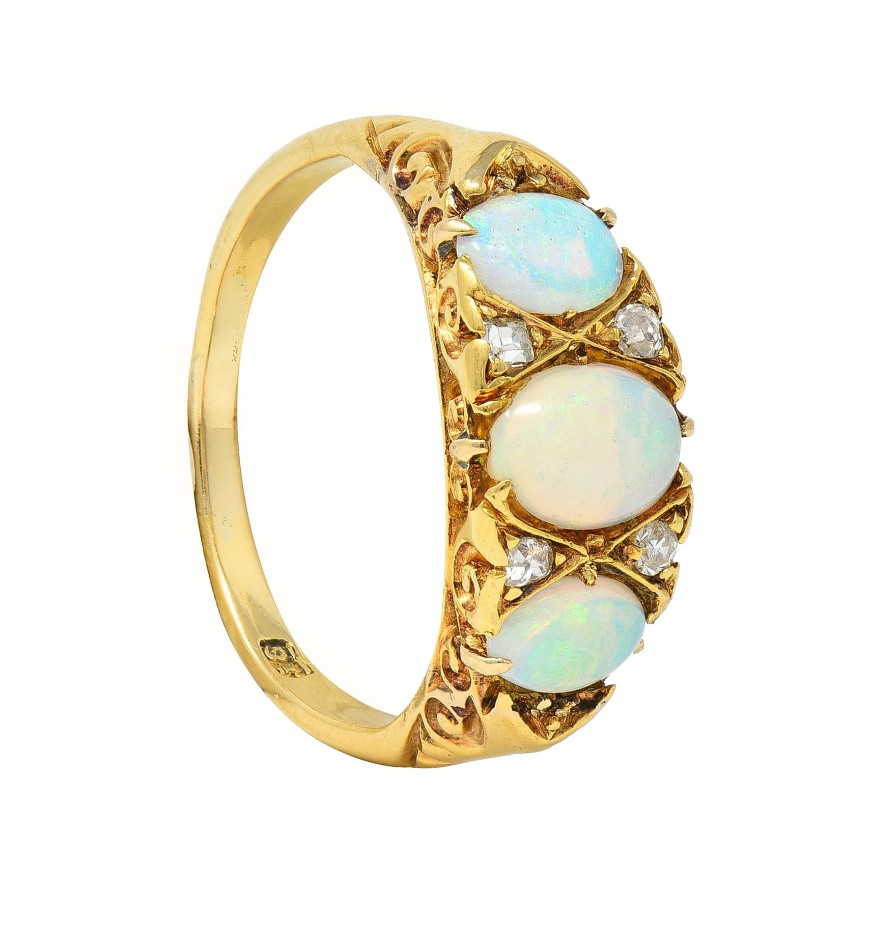 Victorian Opal Diamond 18 Karat Yellow Gold Antique Three Stone Band Ring