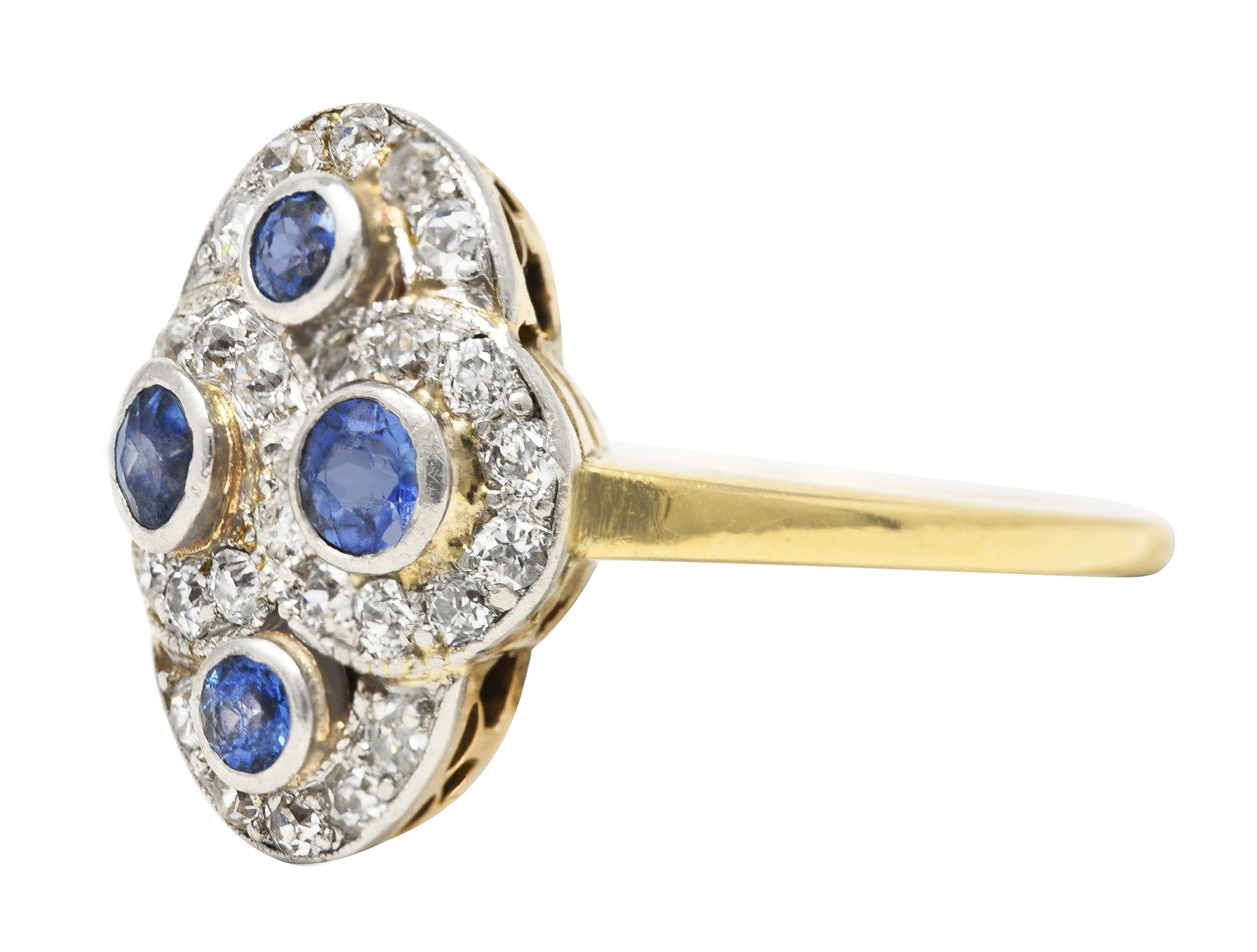 Edwardian 1.40 CTW Sapphire Diamond Platinum-Topped 14 Karat Yellow Gold Antique Quatrefoil Dinner Ring Wilson's Estate Jewelry