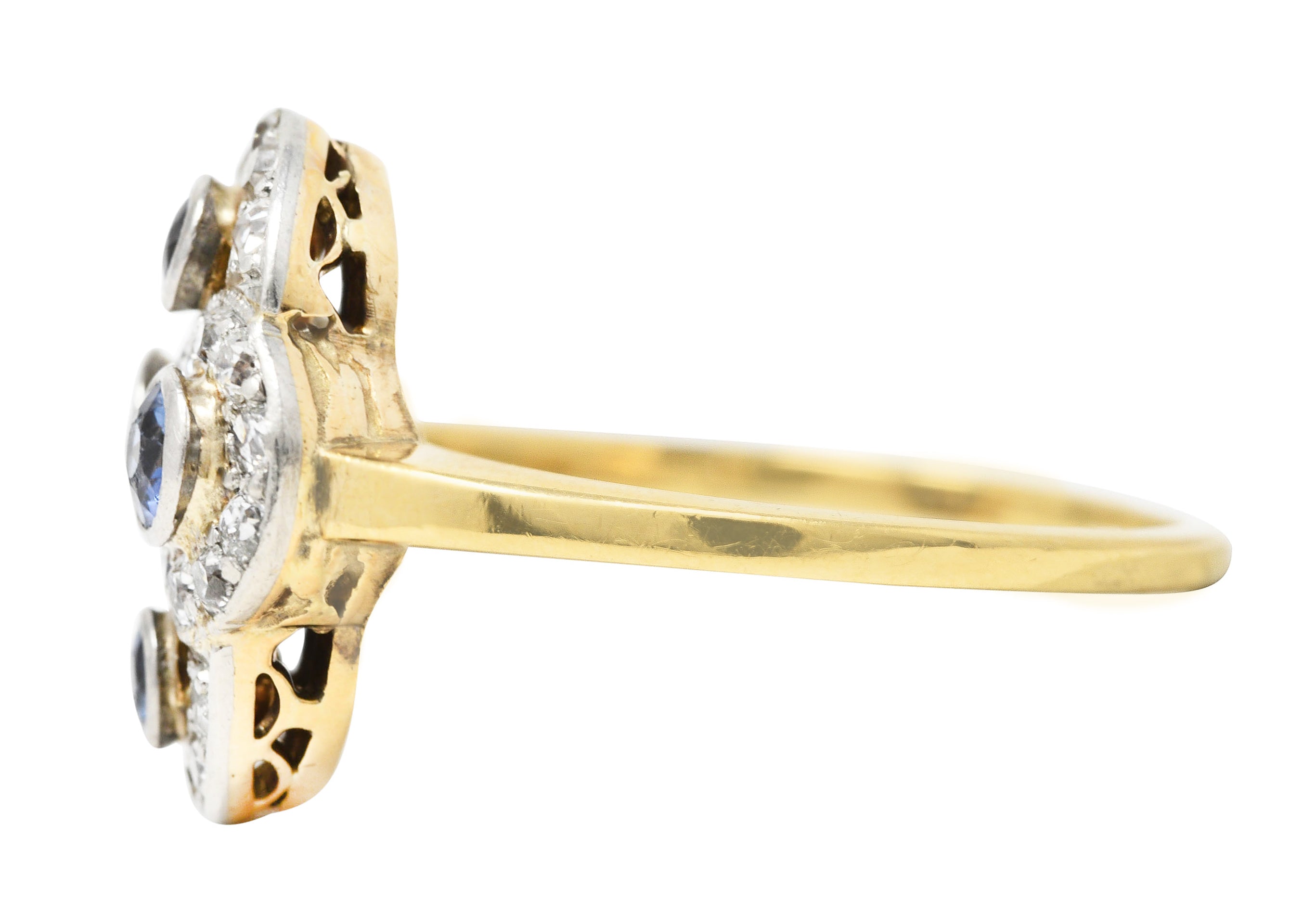 Edwardian 1.40 CTW Sapphire Diamond Platinum-Topped 14 Karat Yellow Gold Antique Quatrefoil Dinner Ring Wilson's Estate Jewelry