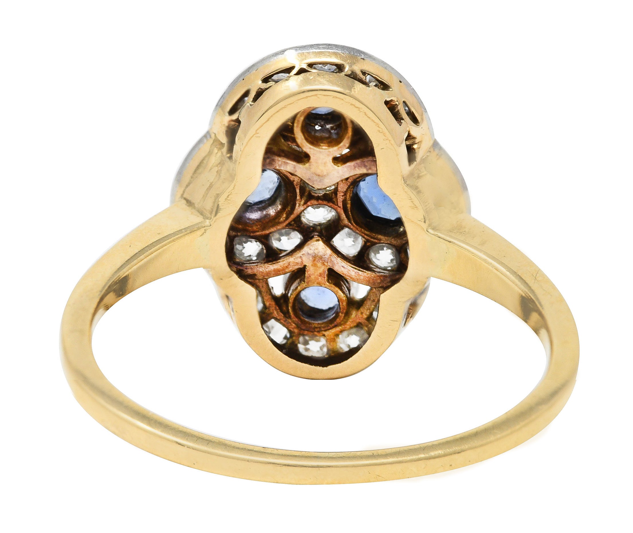 Edwardian 1.40 CTW Sapphire Diamond Platinum-Topped 14 Karat Yellow Gold Antique Quatrefoil Dinner Ring Wilson's Estate Jewelry