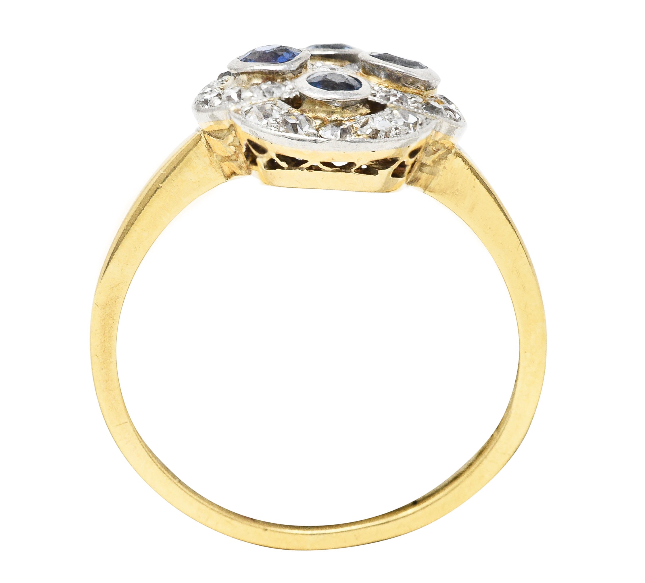 Edwardian 1.40 CTW Sapphire Diamond Platinum-Topped 14 Karat Yellow Gold Antique Quatrefoil Dinner Ring Wilson's Estate Jewelry