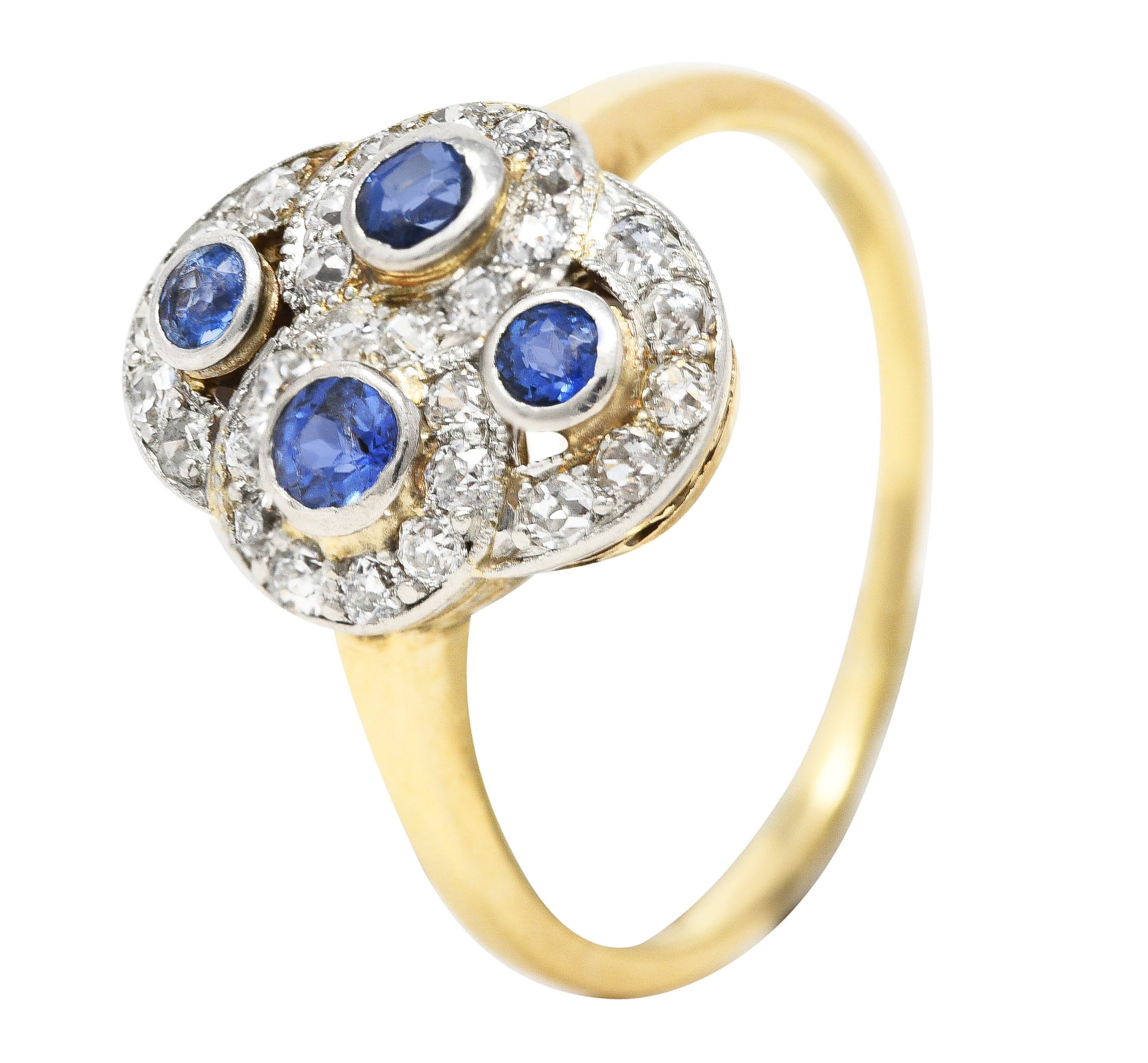 Edwardian 1.40 CTW Sapphire Diamond Platinum-Topped 14 Karat Yellow Gold Antique Quatrefoil Dinner Ring Wilson's Estate Jewelry