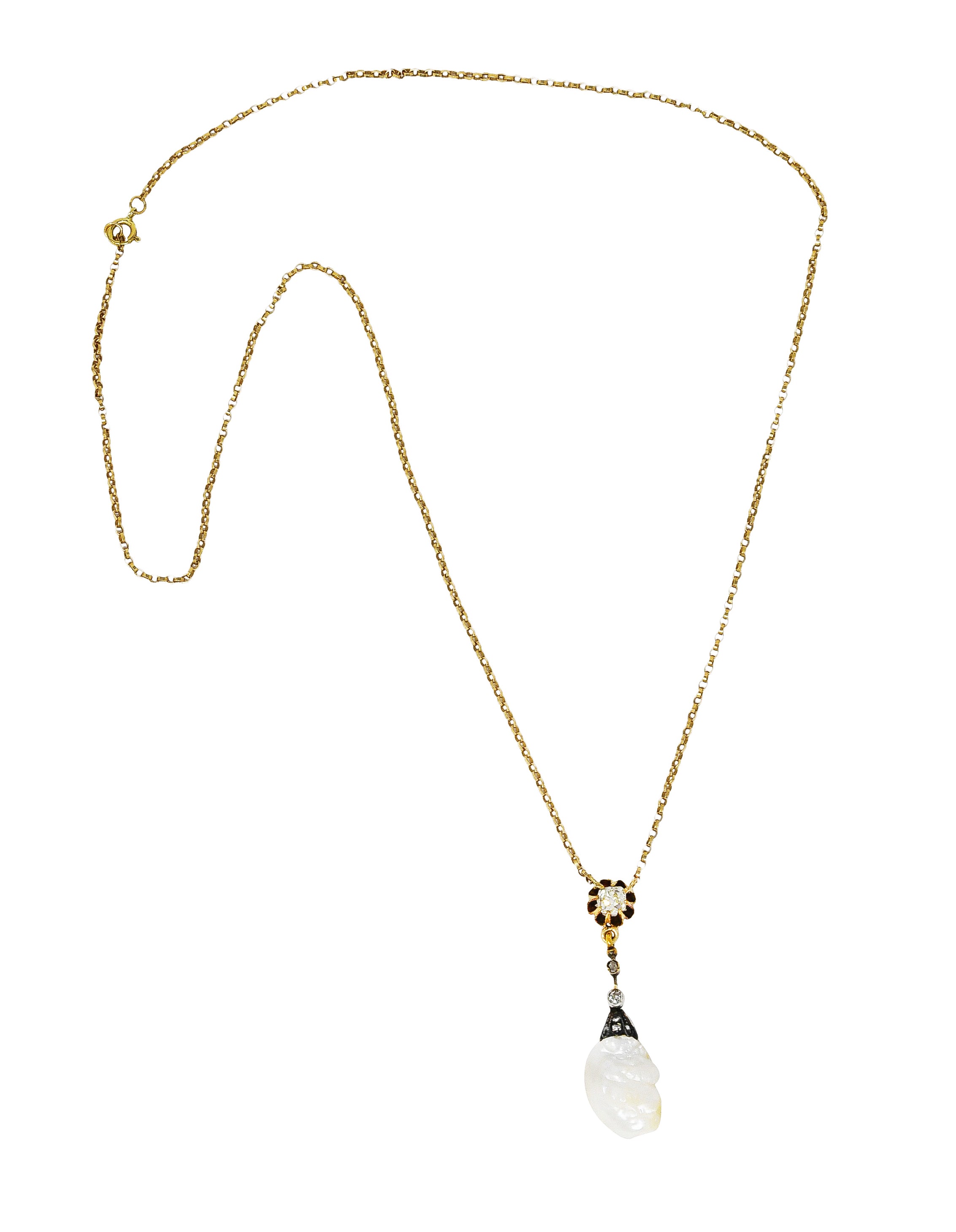 1880's Victorian Baroque Pearl 0.25 CTW Diamond Silver 14 Karat Yellow Gold Drop Necklace Wilson's Estate Jewelry