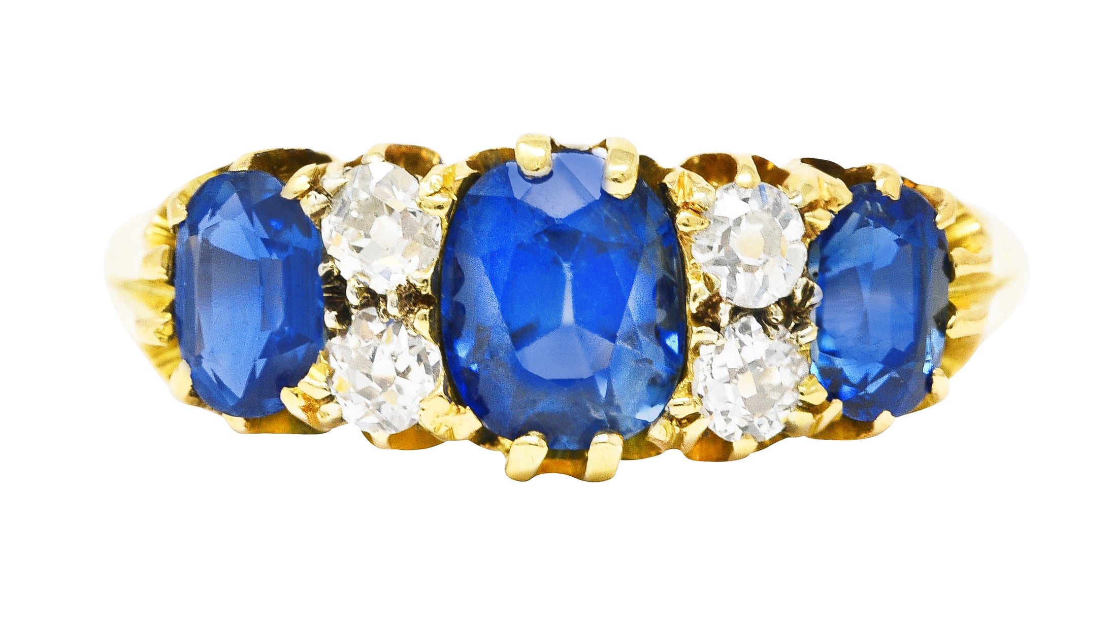 Victorian 2.10 CTW Cushion Cut Sapphire Old European Cut Diamond 18 Karat Yellow Gold Antique Band Ring Wilson's Estate Jewelry
