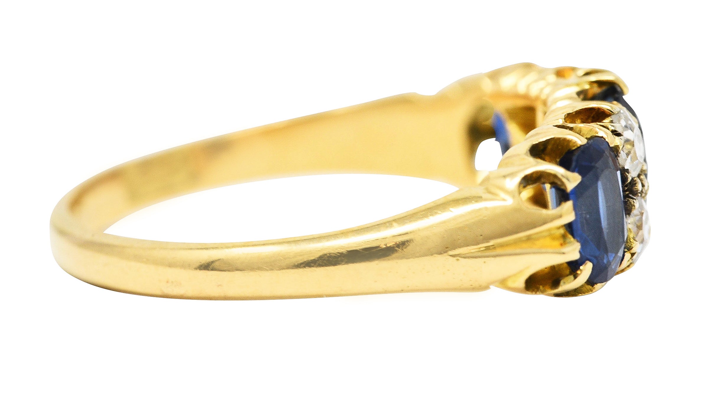 Victorian 2.10 CTW Cushion Cut Sapphire Old European Cut Diamond 18 Karat Yellow Gold Antique Band Ring Wilson's Estate Jewelry