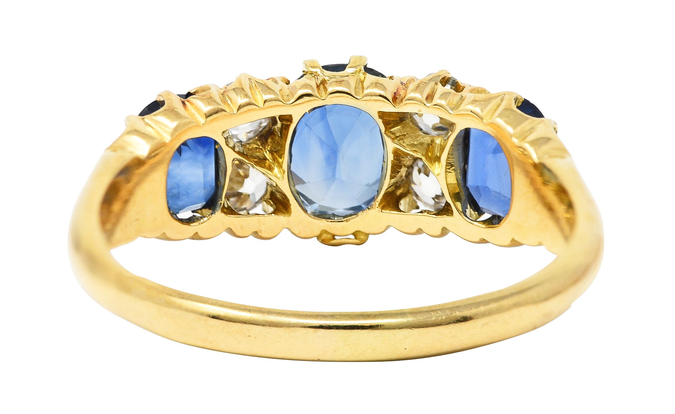 Victorian 2.10 CTW Cushion Cut Sapphire Old European Cut Diamond 18 Karat Yellow Gold Antique Band Ring Wilson's Estate Jewelry