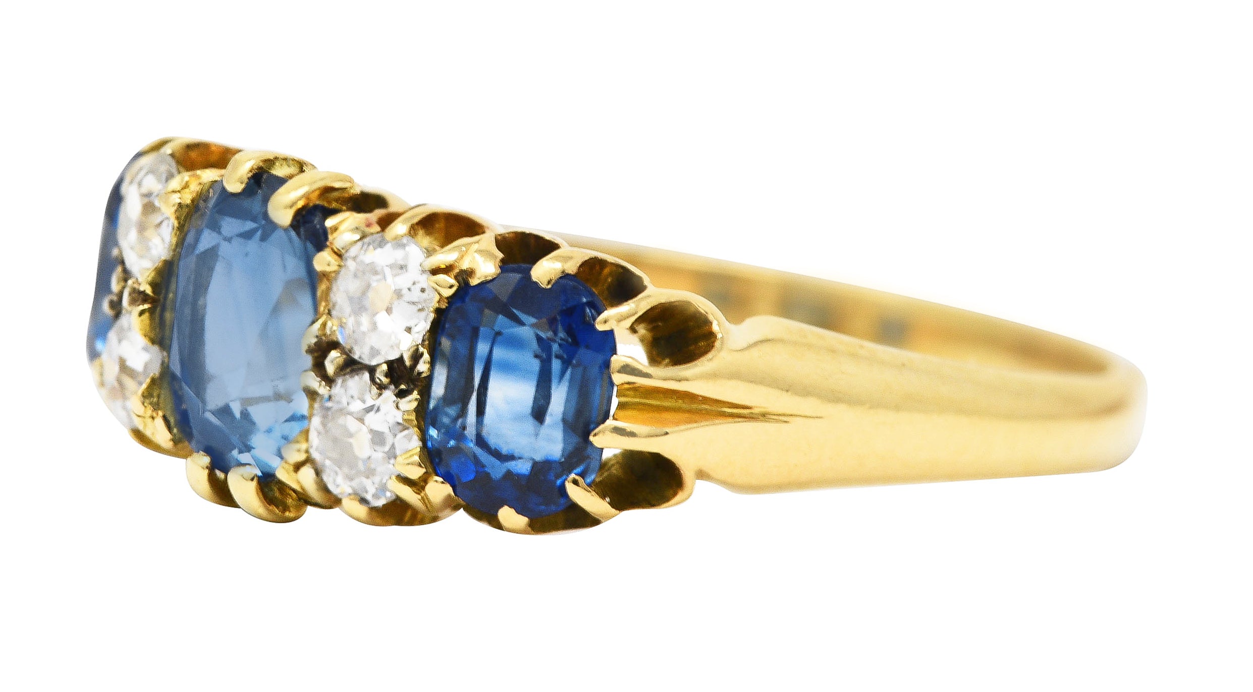 Victorian 2.10 CTW Cushion Cut Sapphire Old European Cut Diamond 18 Karat Yellow Gold Antique Band Ring Wilson's Estate Jewelry