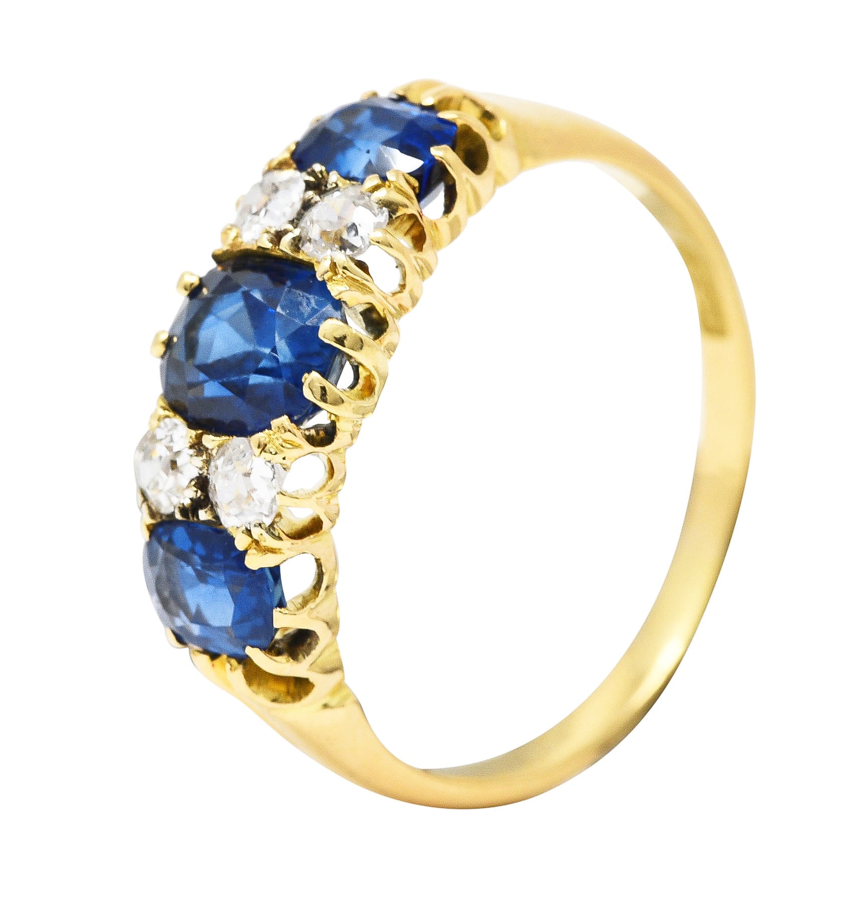 Victorian 2.10 CTW Cushion Cut Sapphire Old European Cut Diamond 18 Karat Yellow Gold Antique Band Ring Wilson's Estate Jewelry