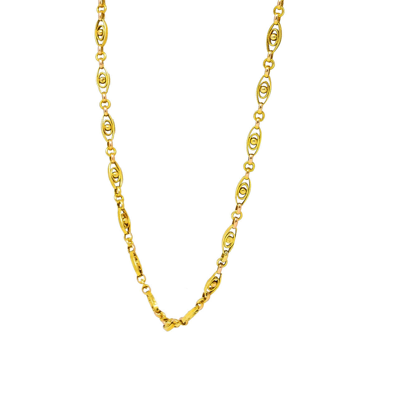 French Victorian 18 Karat Yellow Gold Sphere Navette Chain Link Antique Necklace Wilson's Estate Jewelry