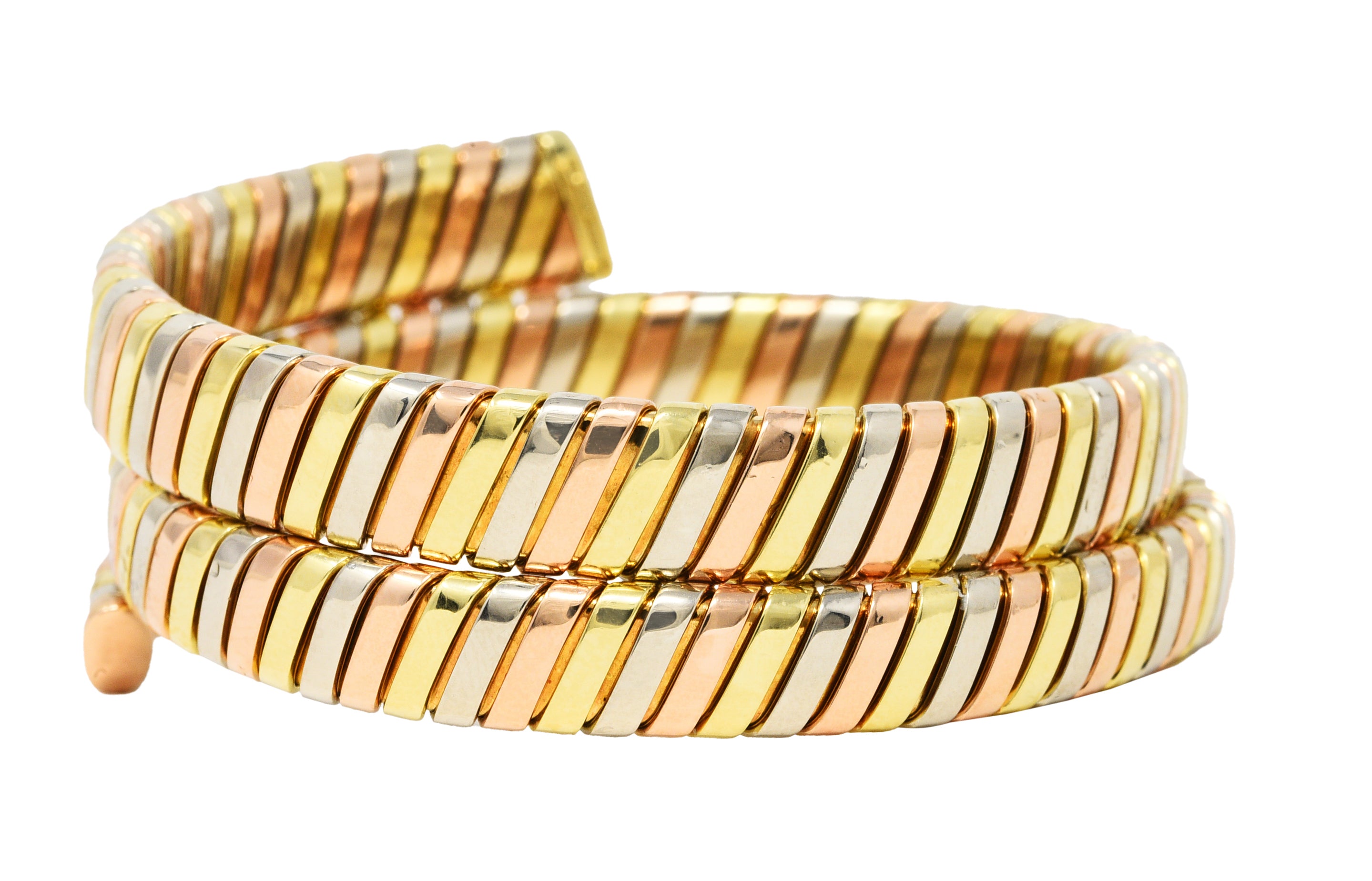Bulgari 18 Karat Tri-Colored Yellow White Rose Gold Tubogas Serpenti Vintage Bracelet Wilson's Estate Jewelry