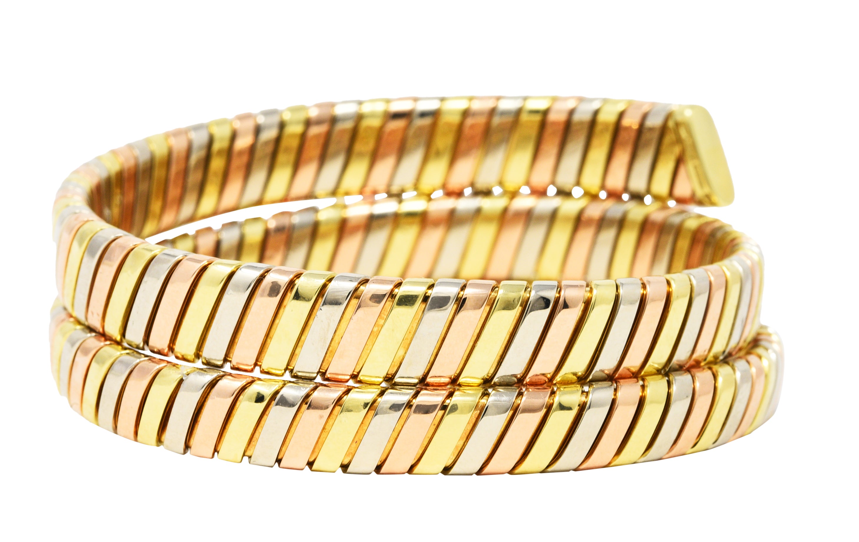 Bulgari 18 Karat Tri-Colored Yellow White Rose Gold Tubogas Serpenti Vintage Bracelet Wilson's Estate Jewelry