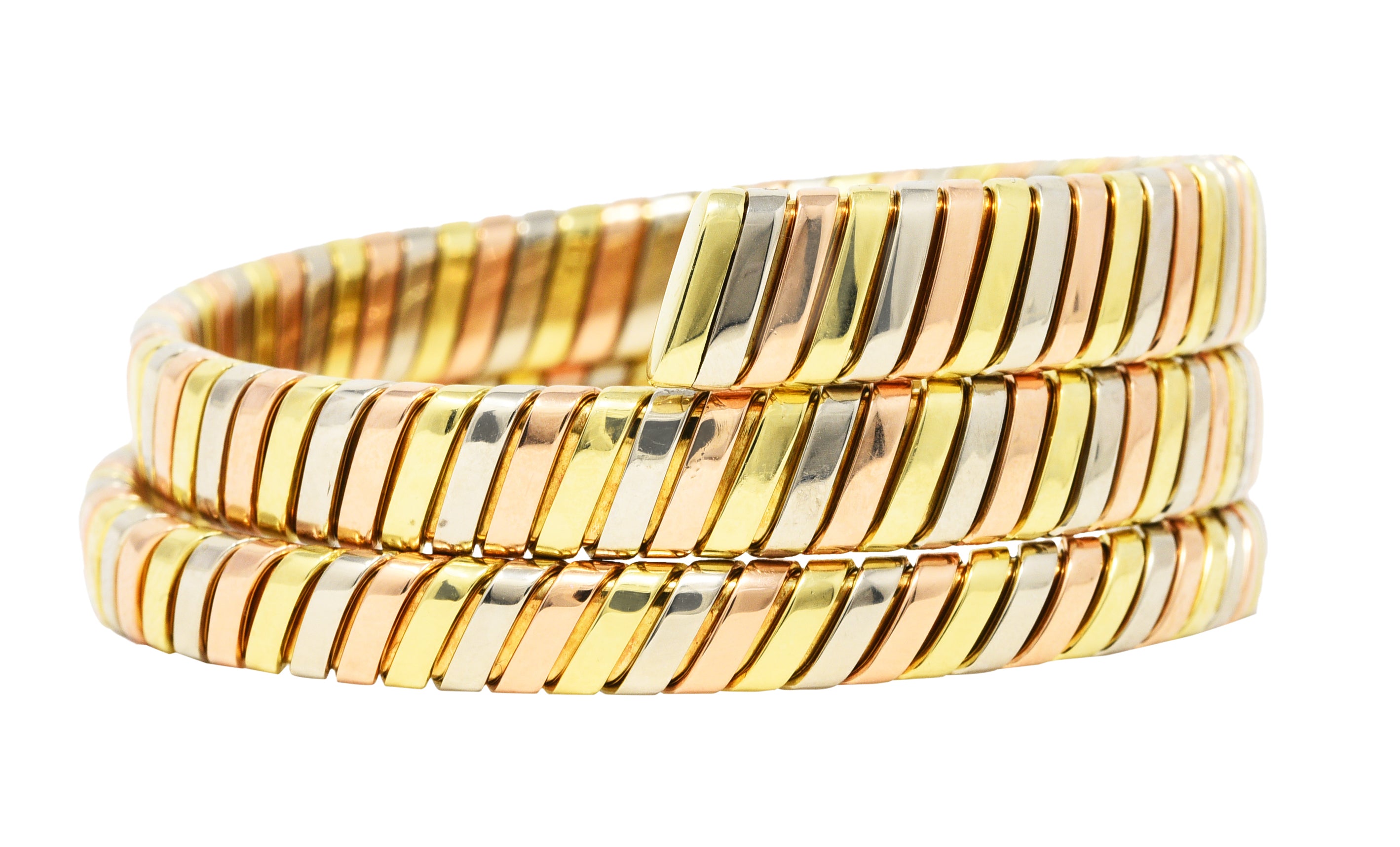 Bulgari 18 Karat Tri-Colored Yellow White Rose Gold Tubogas Serpenti Vintage Bracelet Wilson's Estate Jewelry