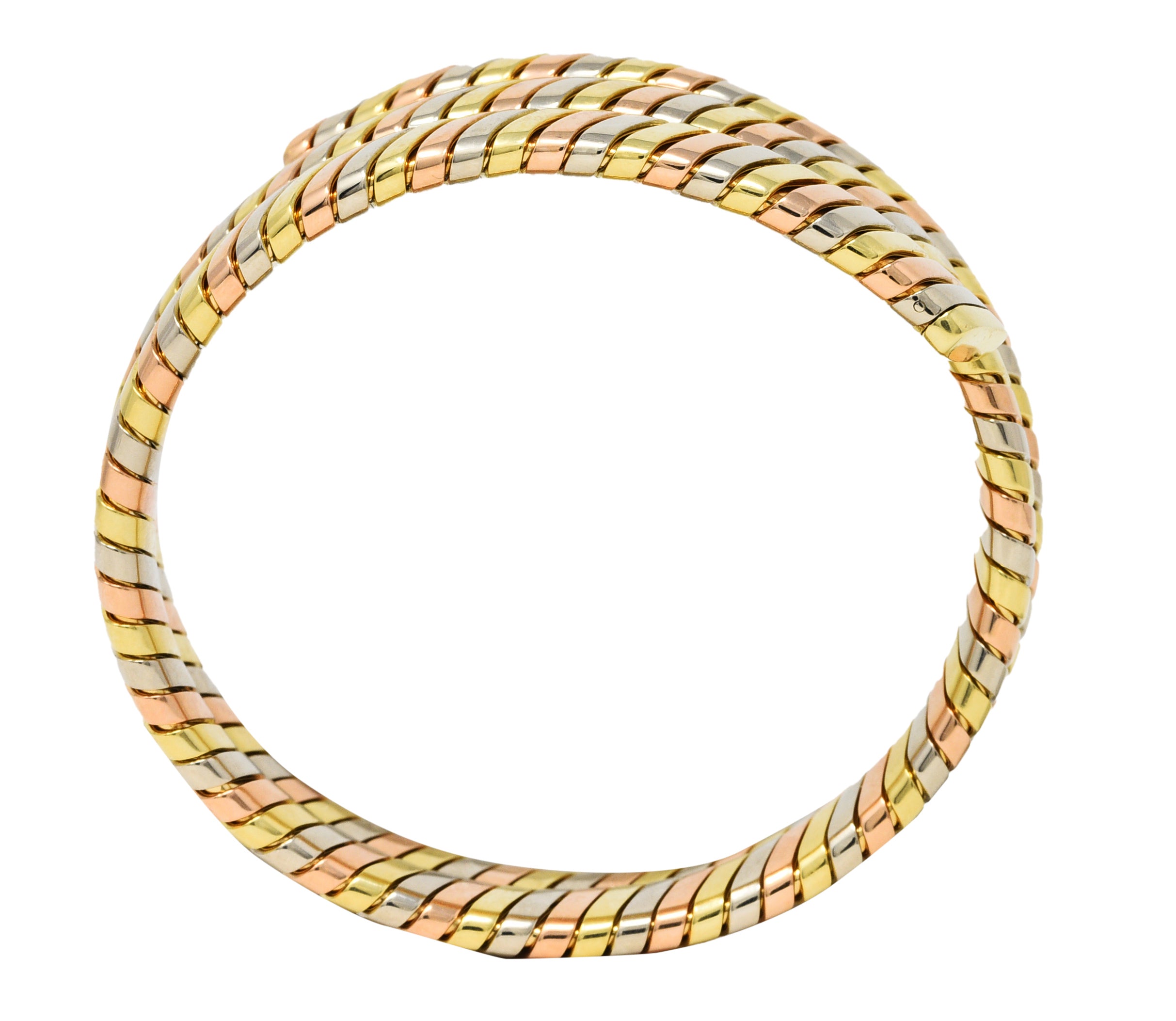 Bulgari 18 Karat Tri-Colored Yellow White Rose Gold Tubogas Serpenti Vintage Bracelet Wilson's Estate Jewelry