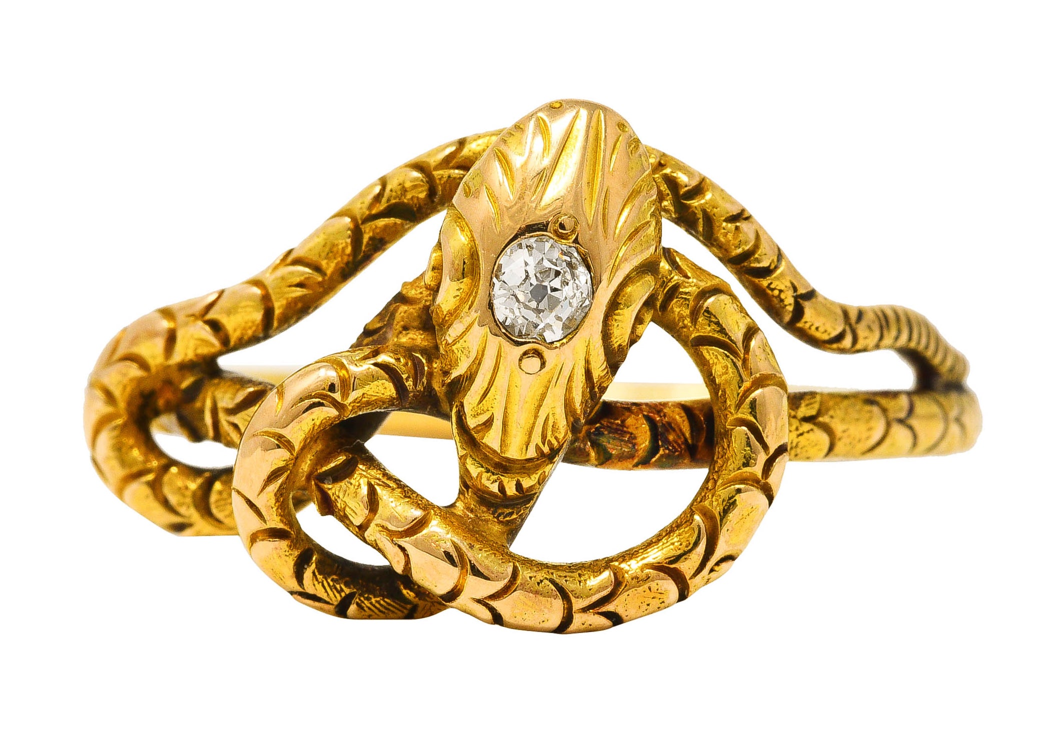 Victorian Diamond 14 Karat Yellow Gold Snake Love Knot Ring Wilson's Estate Jewelry