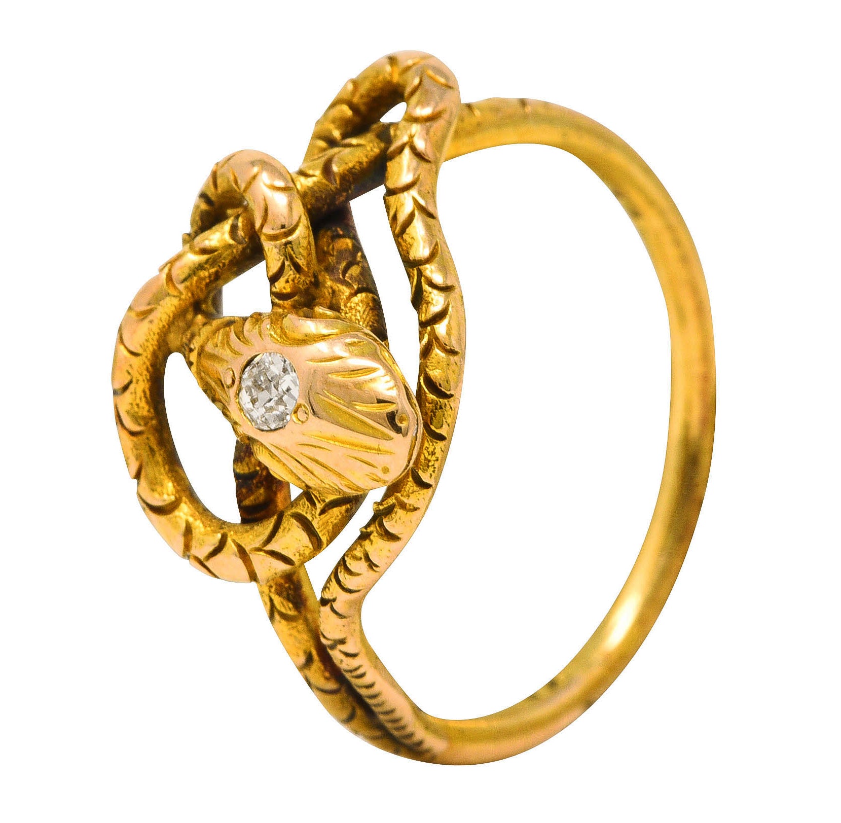 Victorian Diamond 14 Karat Yellow Gold Snake Love Knot Ring Wilson's Estate Jewelry