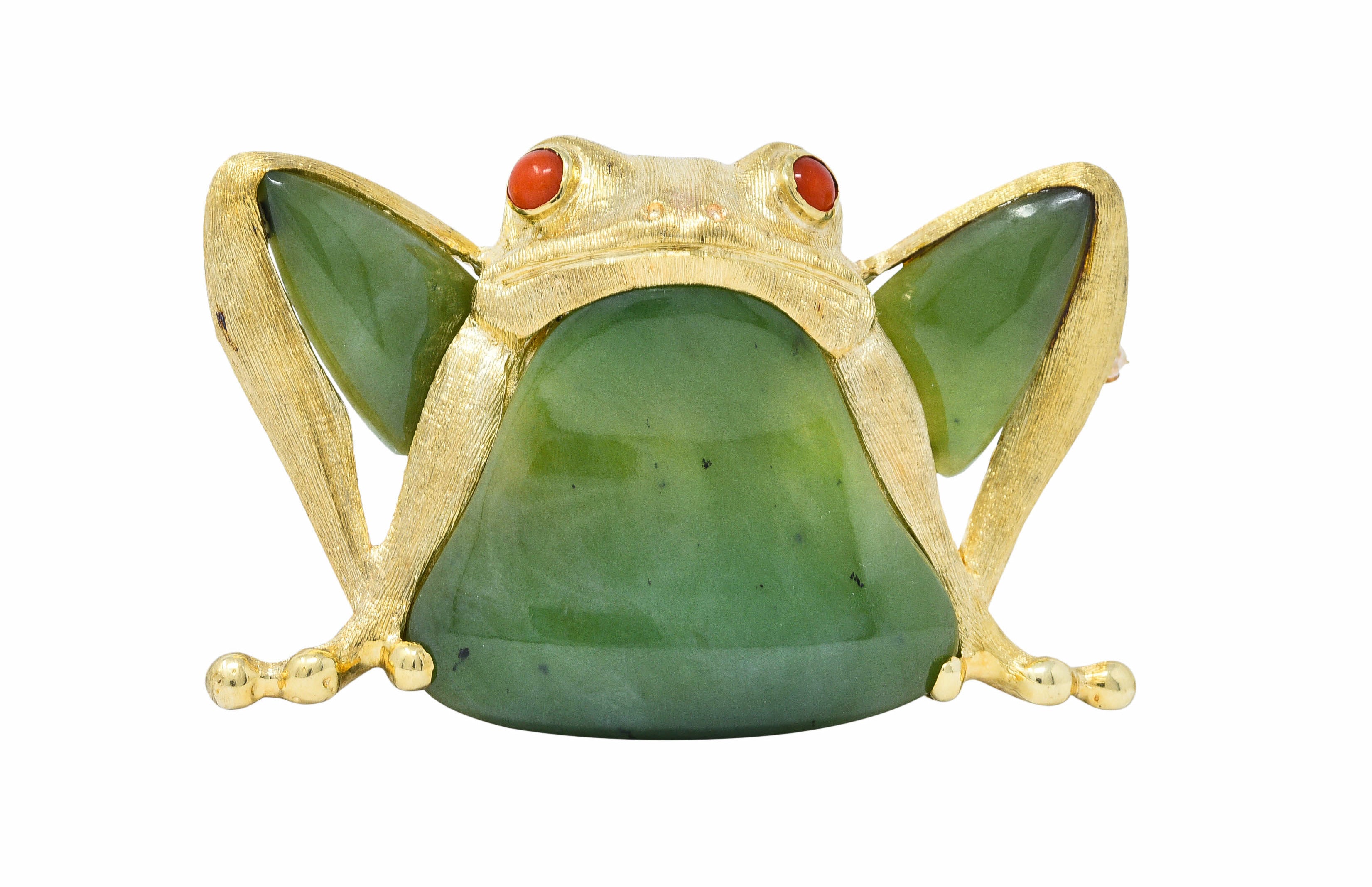 Large 1960's Vintage Jade Carnelian 14 Karat Gold Frog BroochBrooch - Wilson's Estate Jewelry