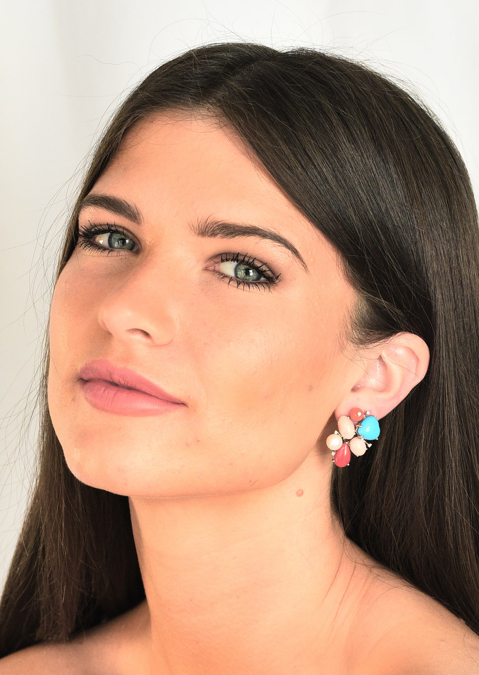 Coral Pearl Diamond Turquoise 18 Karat White Gold Cluster EarringsEarrings - Wilson's Estate Jewelry