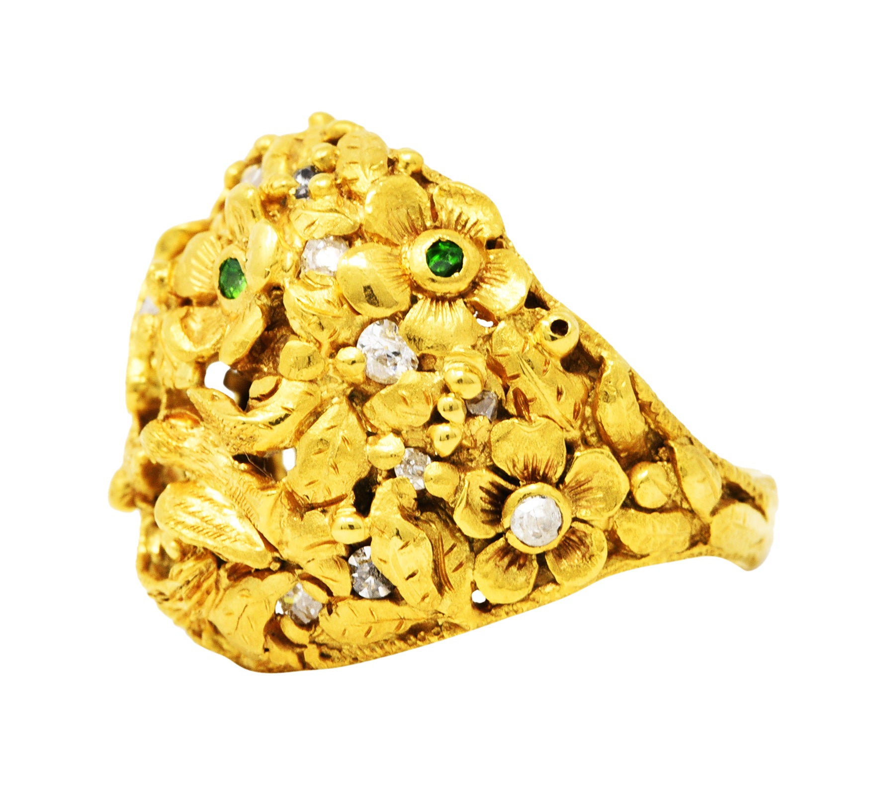 Arts & Crafts Antique Diamond Demantoid Garnet 14 Karat Gold Lovebird RingRing - Wilson's Estate Jewelry