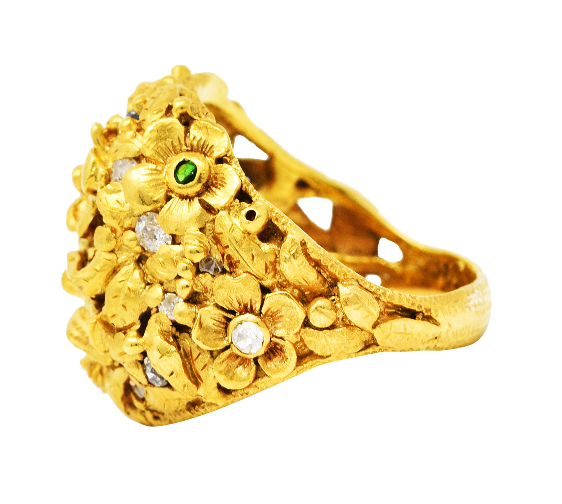 Arts & Crafts Antique Diamond Demantoid Garnet 14 Karat Gold Lovebird RingRing - Wilson's Estate Jewelry