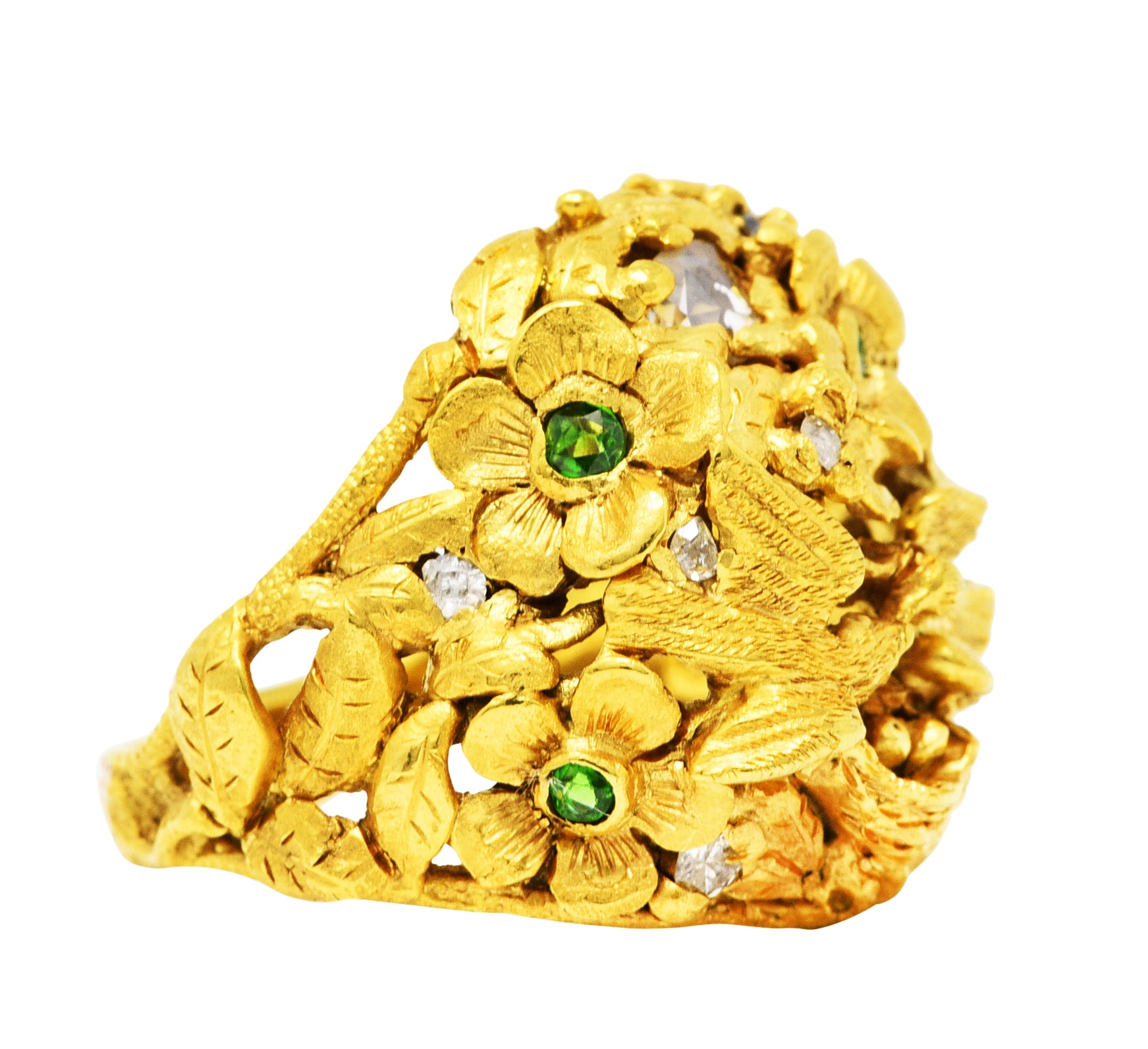 Arts & Crafts Antique Diamond Demantoid Garnet 14 Karat Gold Lovebird RingRing - Wilson's Estate Jewelry