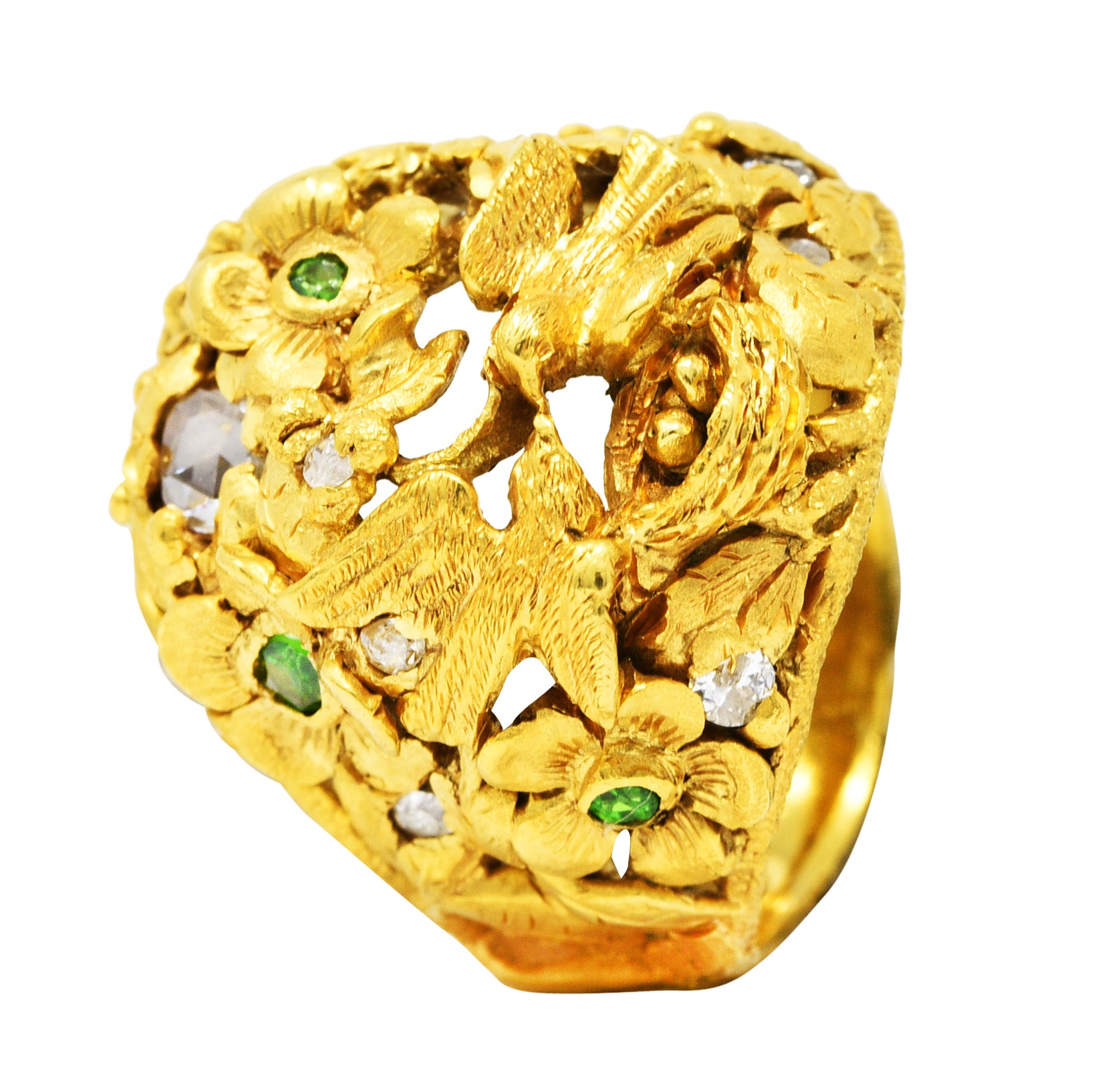 Arts & Crafts Antique Diamond Demantoid Garnet 14 Karat Gold Lovebird RingRing - Wilson's Estate Jewelry