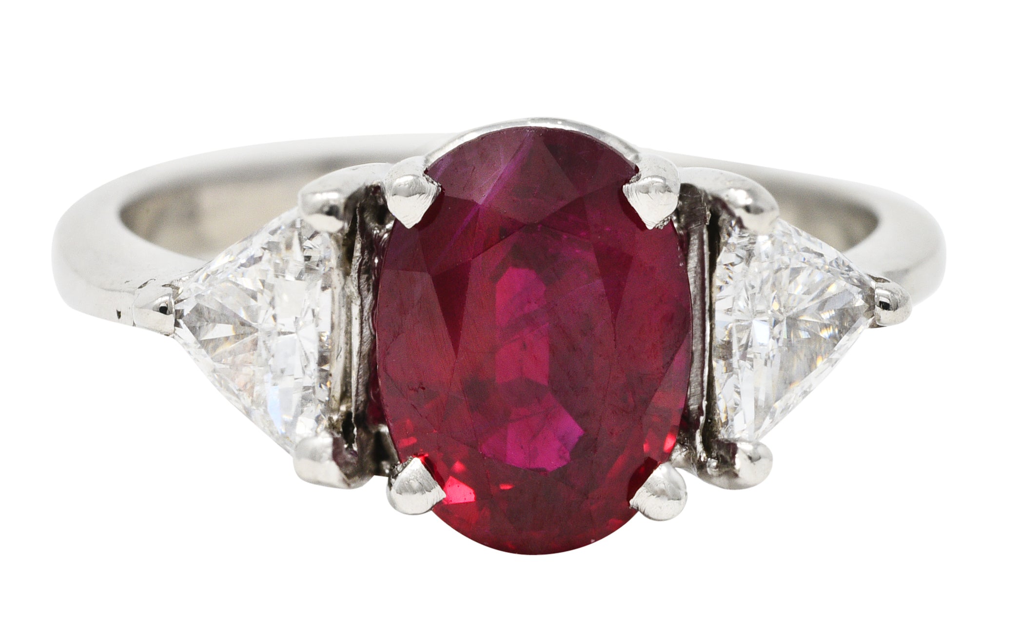 Vintage 2.65 CTW Burma Ruby Diamond Platinum Three Stone Ring GIA Wilson's Estate Jewelry