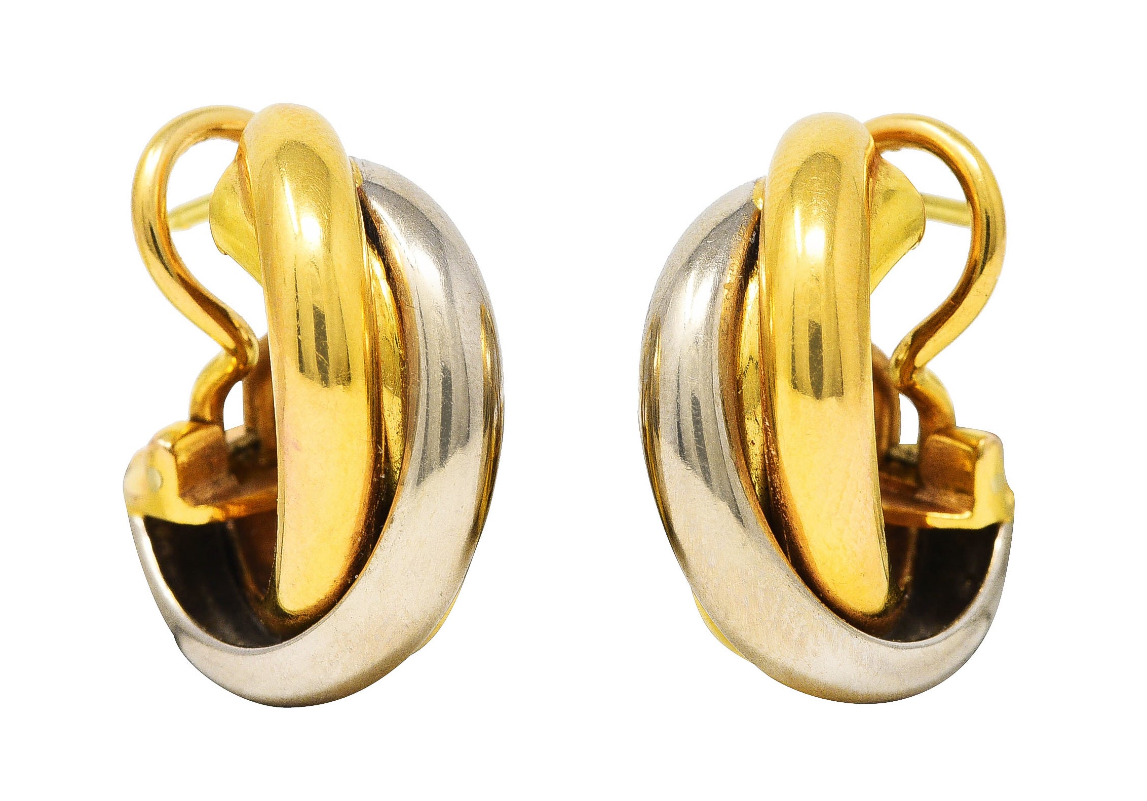 1960's Cartier 18 Karat Tri-Colored Gold French Twist Vintage Trinity Hoop Earrings Wilson's Estate Jewelry