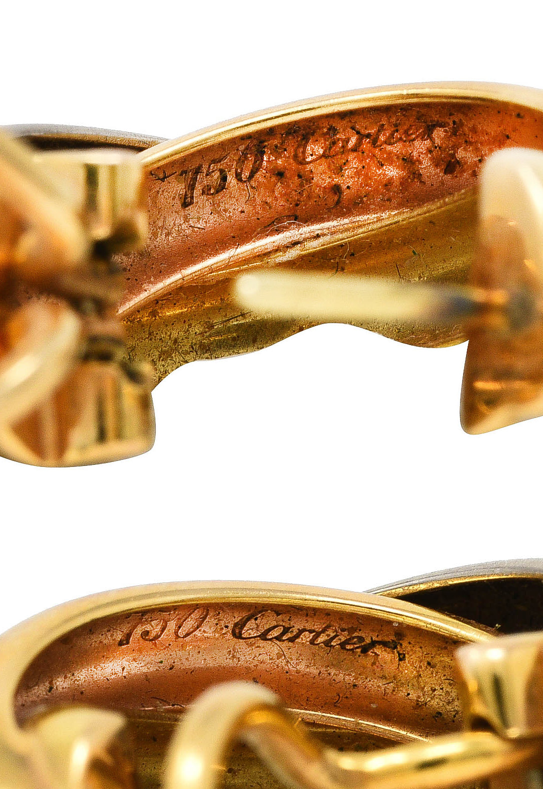 1960's Cartier 18 Karat Tri-Colored Gold French Twist Vintage Trinity Hoop Earrings Wilson's Estate Jewelry