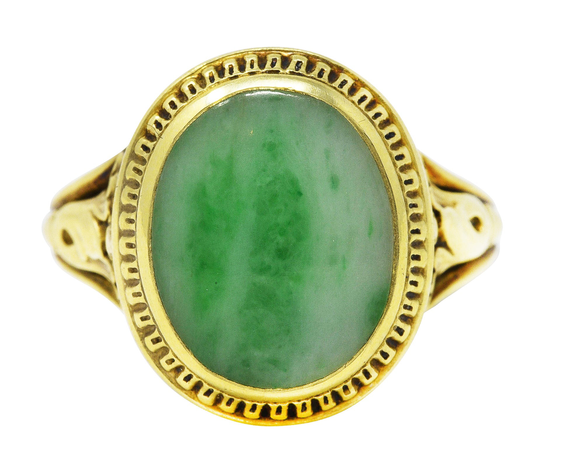 Art Deco Jade 14 Karat Yellow Gold Scrolling Iris Ring Wilson's Estate Jewelry