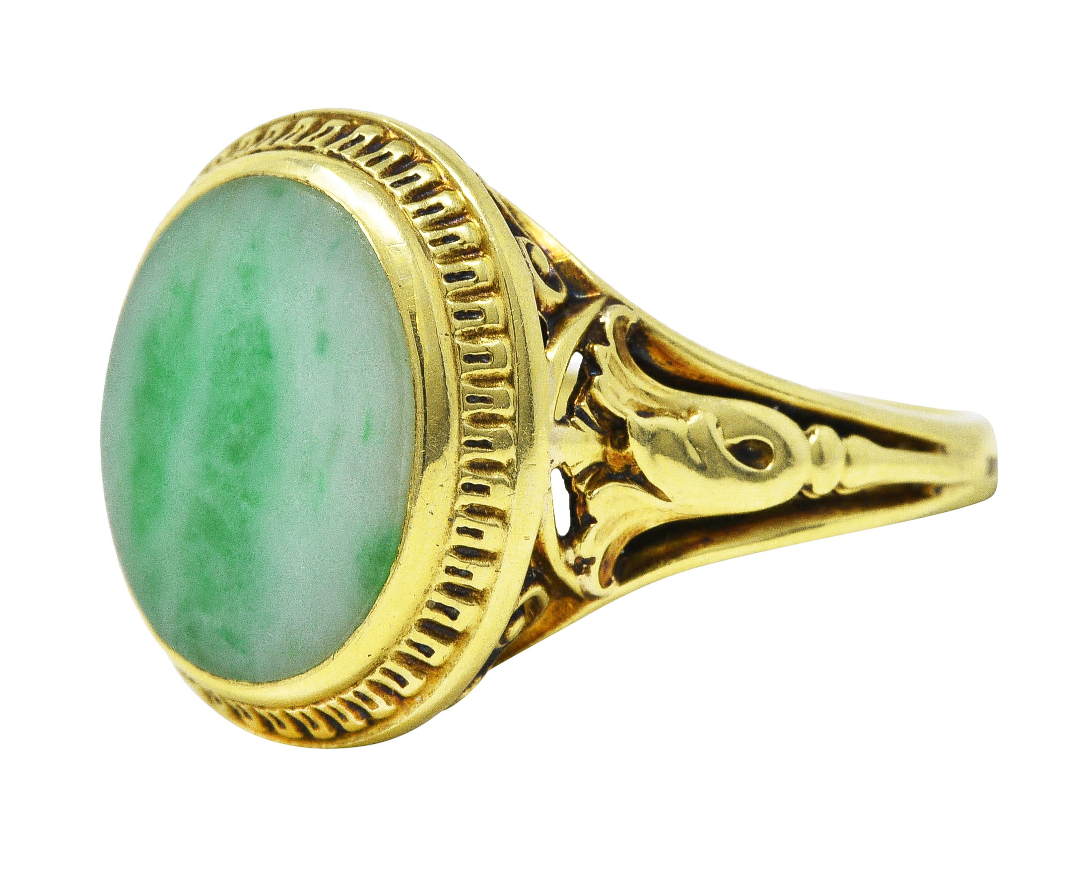 Art Deco Jade 14 Karat Yellow Gold Scrolling Iris Ring Wilson's Estate Jewelry