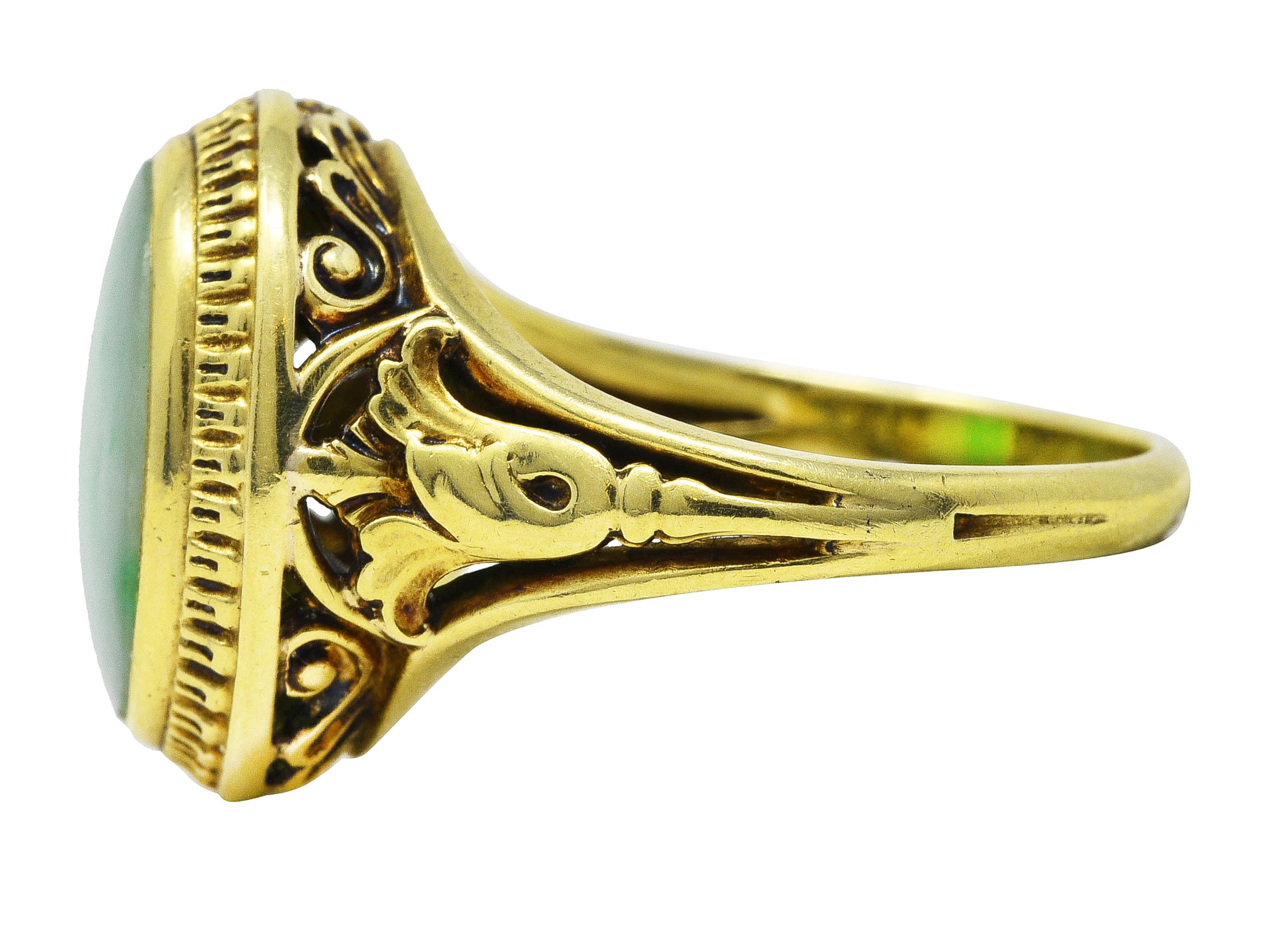 Art Deco Jade 14 Karat Yellow Gold Scrolling Iris Ring Wilson's Estate Jewelry