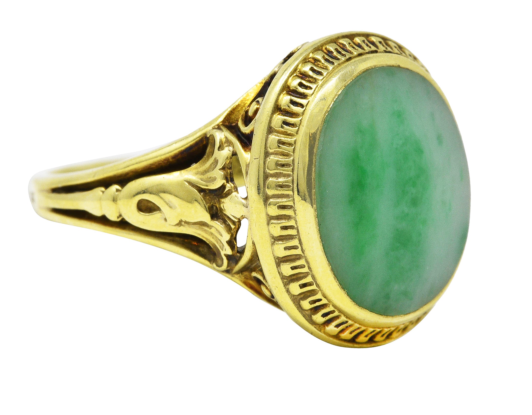 Art Deco Jade 14 Karat Yellow Gold Scrolling Iris Ring Wilson's Estate Jewelry