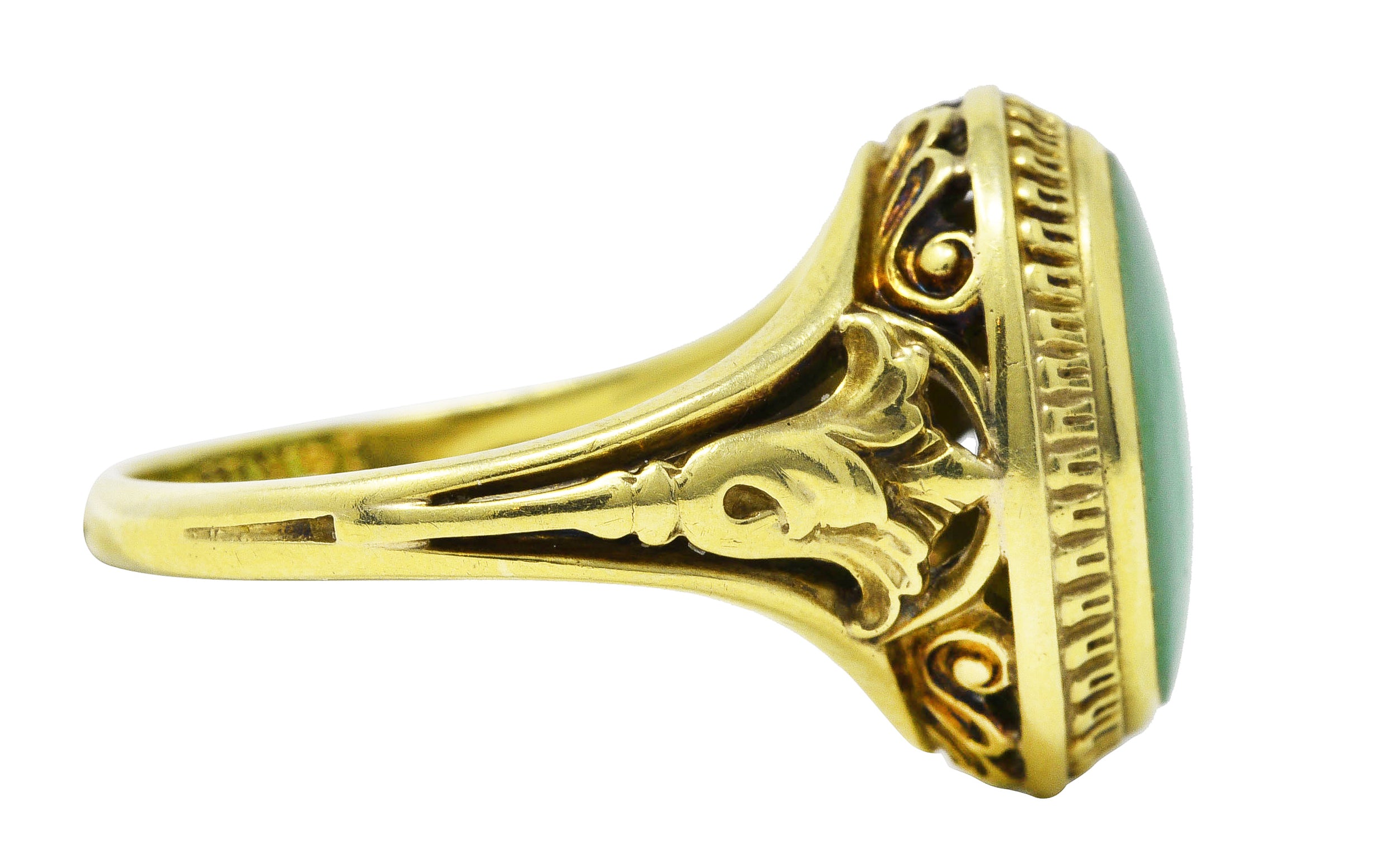 Art Deco Jade 14 Karat Yellow Gold Scrolling Iris Ring Wilson's Estate Jewelry
