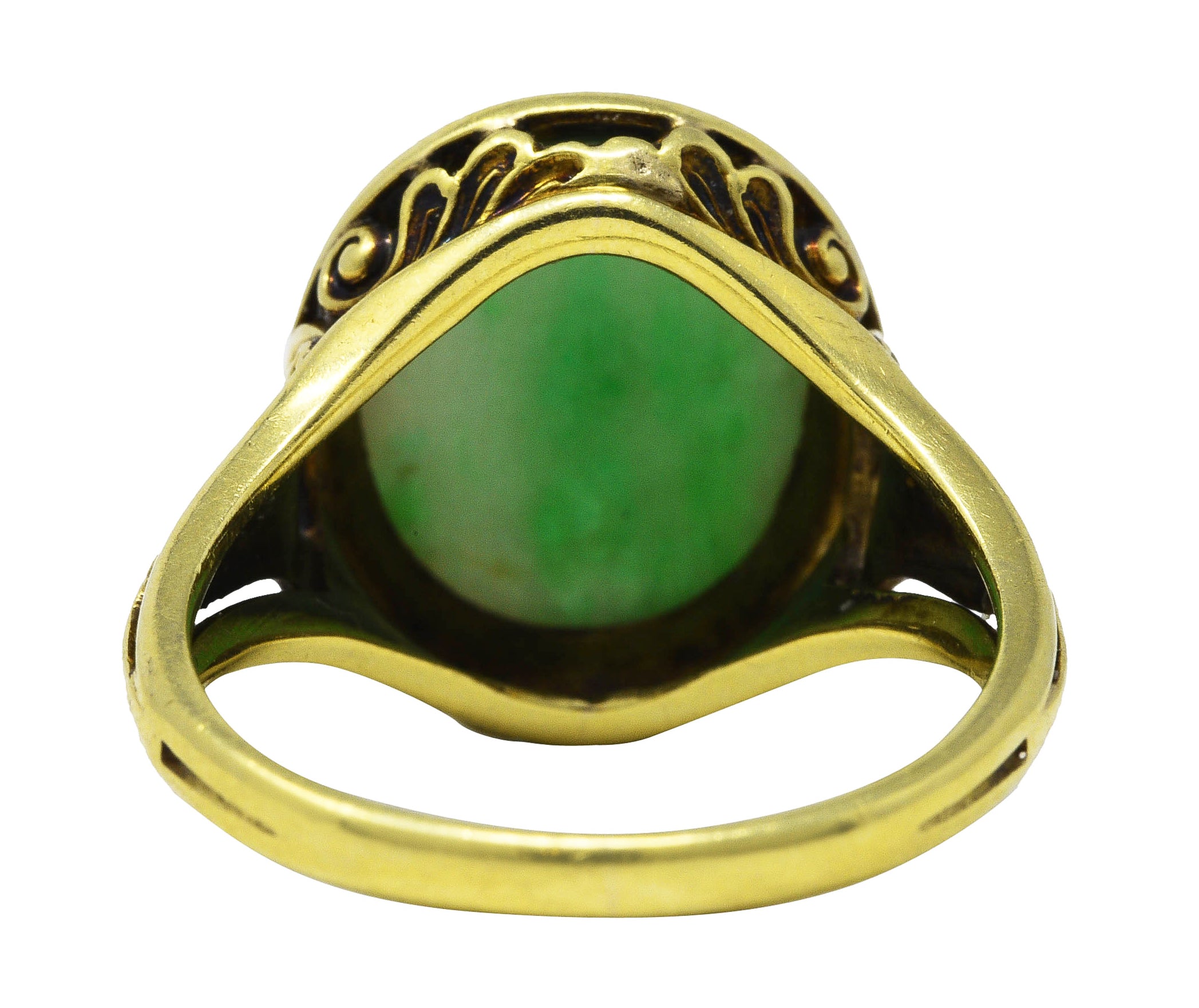 Art Deco Jade 14 Karat Yellow Gold Scrolling Iris Ring Wilson's Estate Jewelry