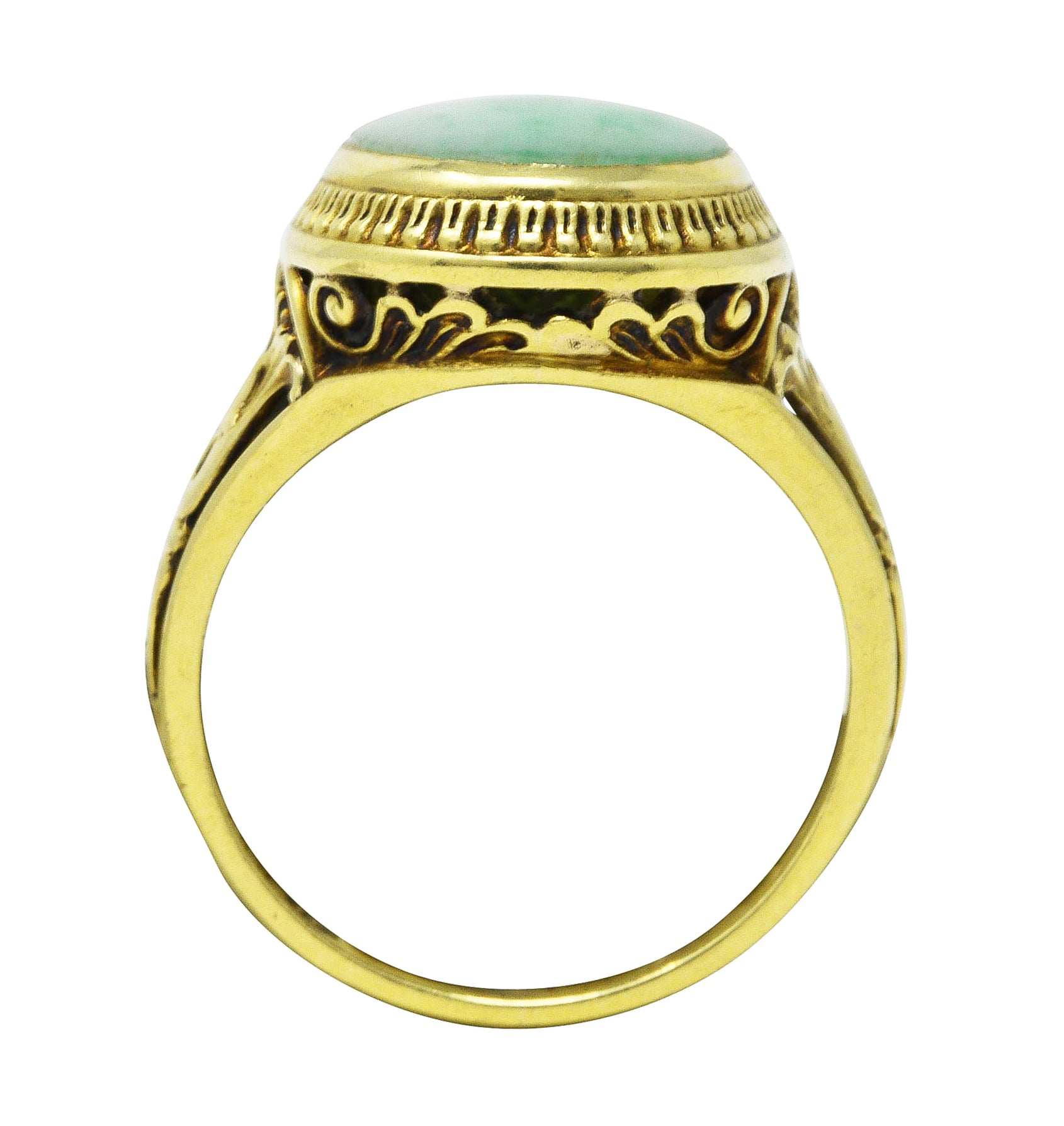 Art Deco Jade 14 Karat Yellow Gold Scrolling Iris Ring Wilson's Estate Jewelry