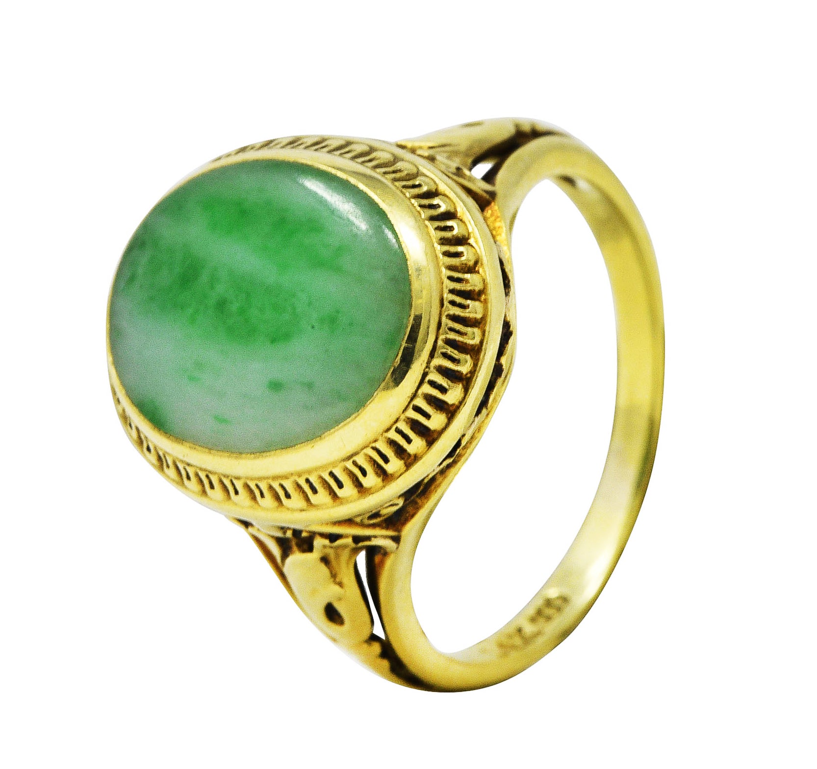 Art Deco Jade 14 Karat Yellow Gold Scrolling Iris Ring Wilson's Estate Jewelry